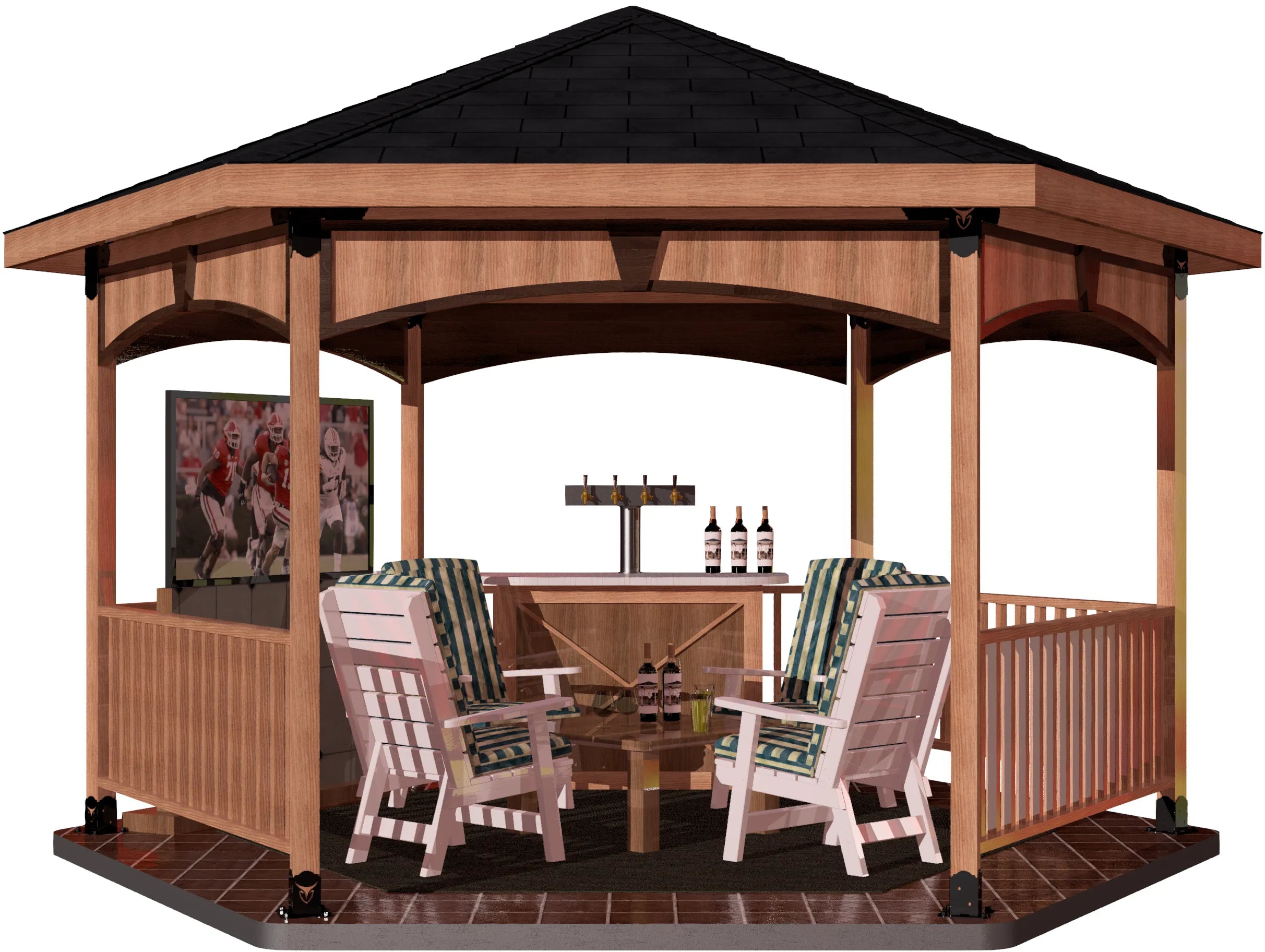 a spacious wooden gazebo with cozy chairs, a table, and a bar. It’s a beautiful day outdoors.
