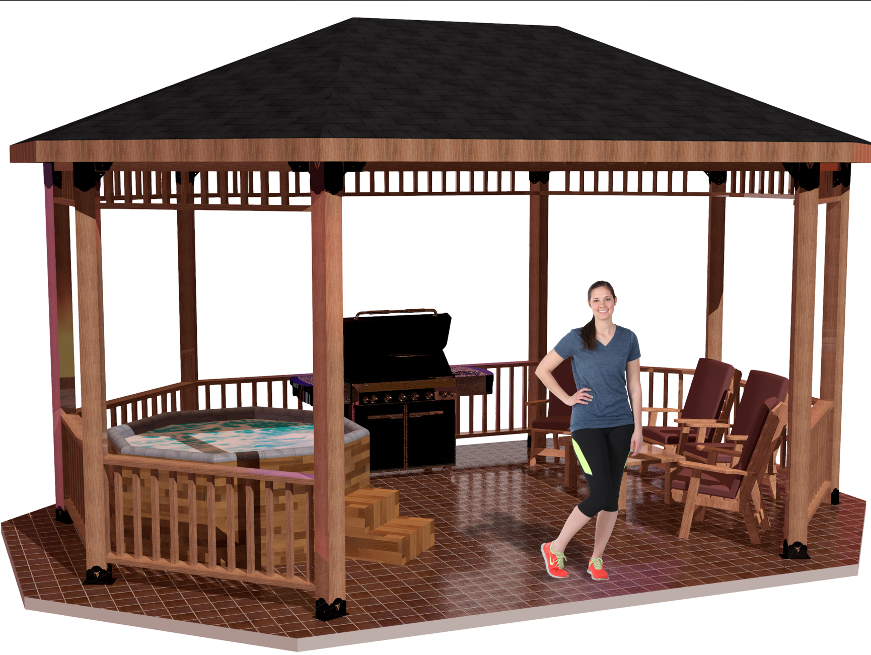 A woman proudly poses next to a charming wooden gazebo that houses a hot tub and a barbecue grill, showcasing an inviting outdoor space.