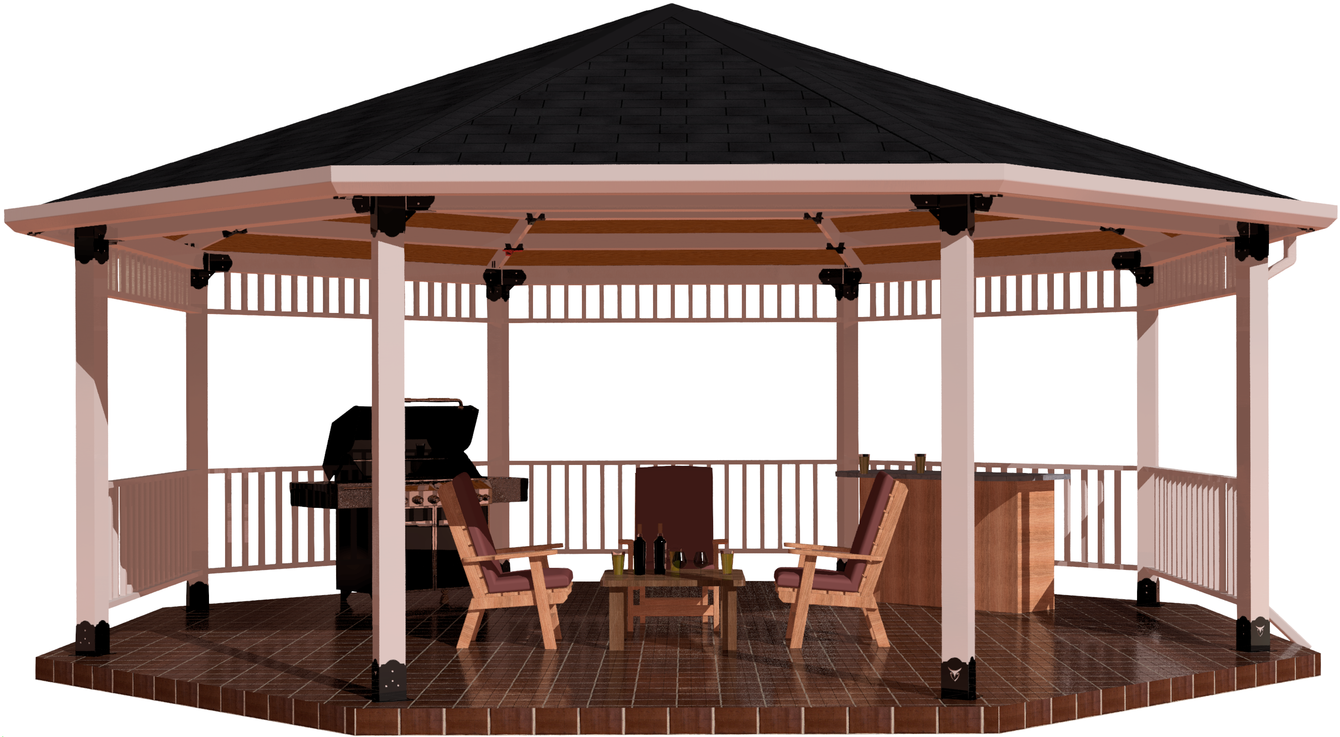 This structure features a spacious gazebo equipped with comfortable seating, a barbecue grill, and an inviting atmosphere perfect for outdoor gatherings.