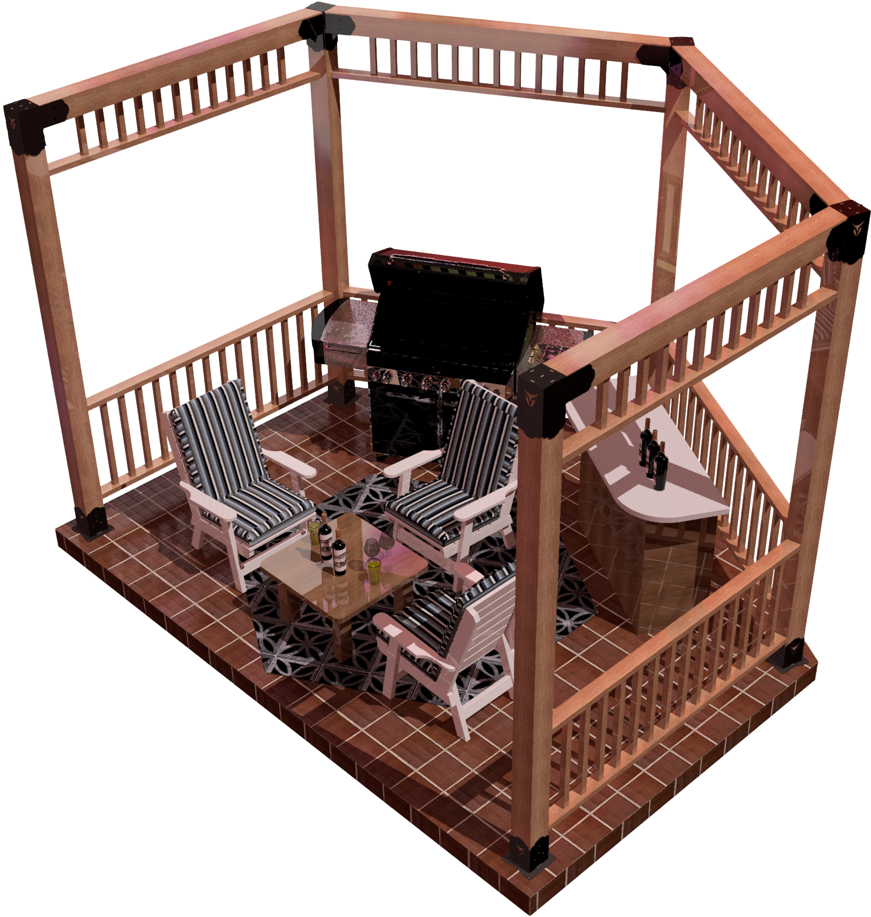 A contemporary outdoor gazebo showcases comfortable chairs and a bar with decorative bottles. This inviting setup is perfect for hosting gatherings or enjoying quiet moments outside.