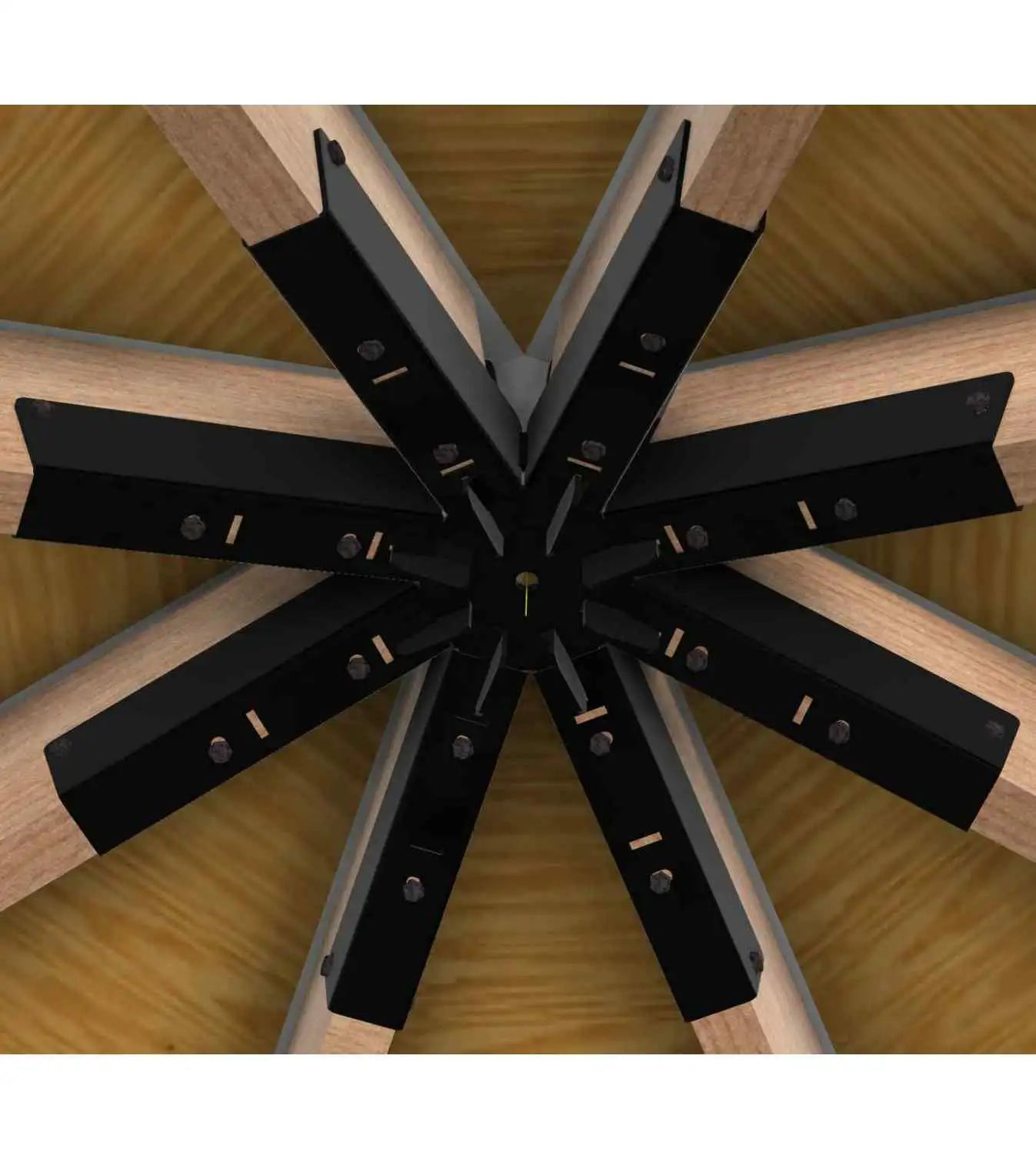 The image shows a detailed view of an octagon roof featuring multiple wooden rafters connected by metal brackets, emphasizing its sturdy construction and modern aesthetic.