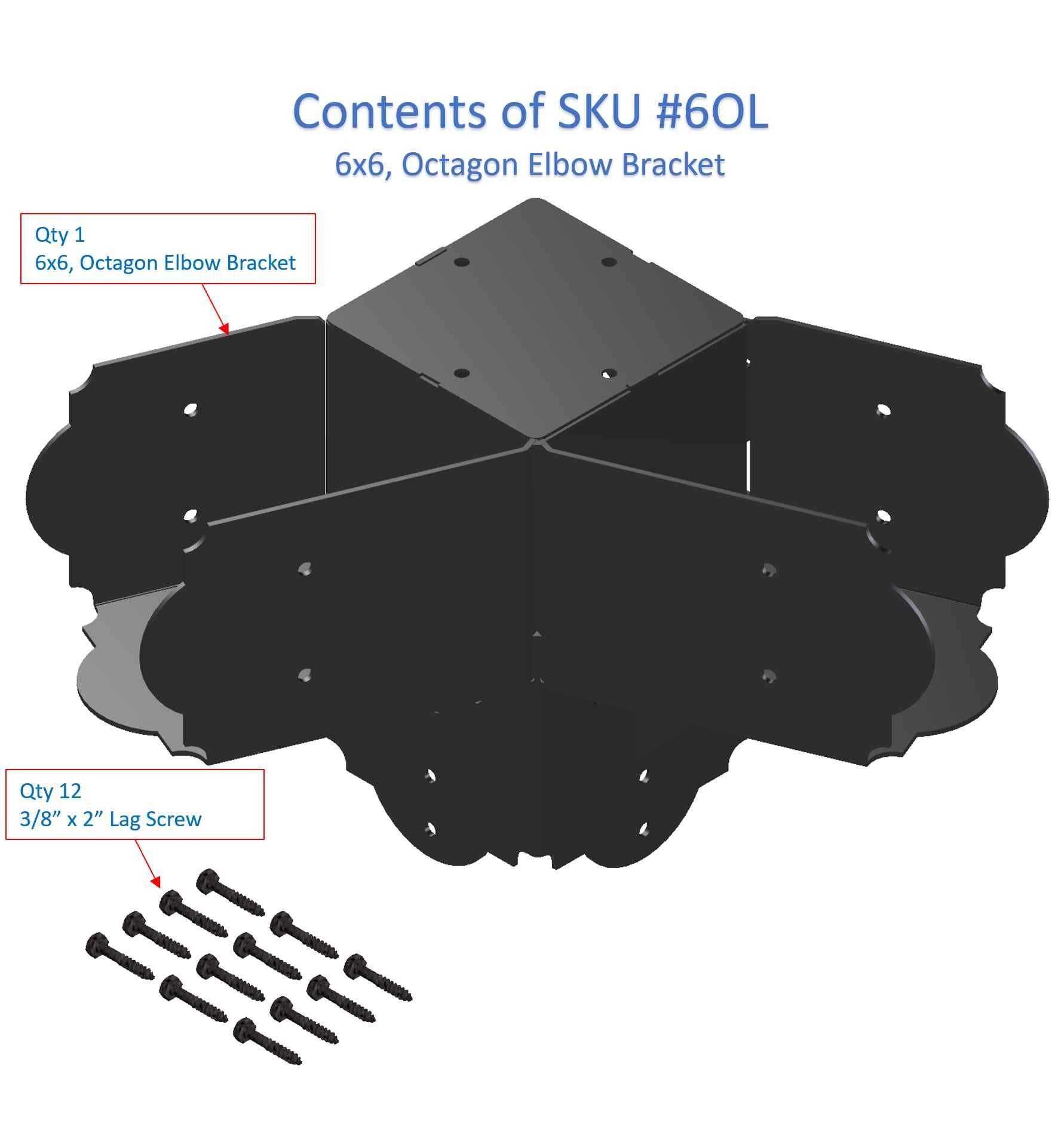 contents of SKU #6OL shown with a black metal 45 degree elbow bracket which slides over a post