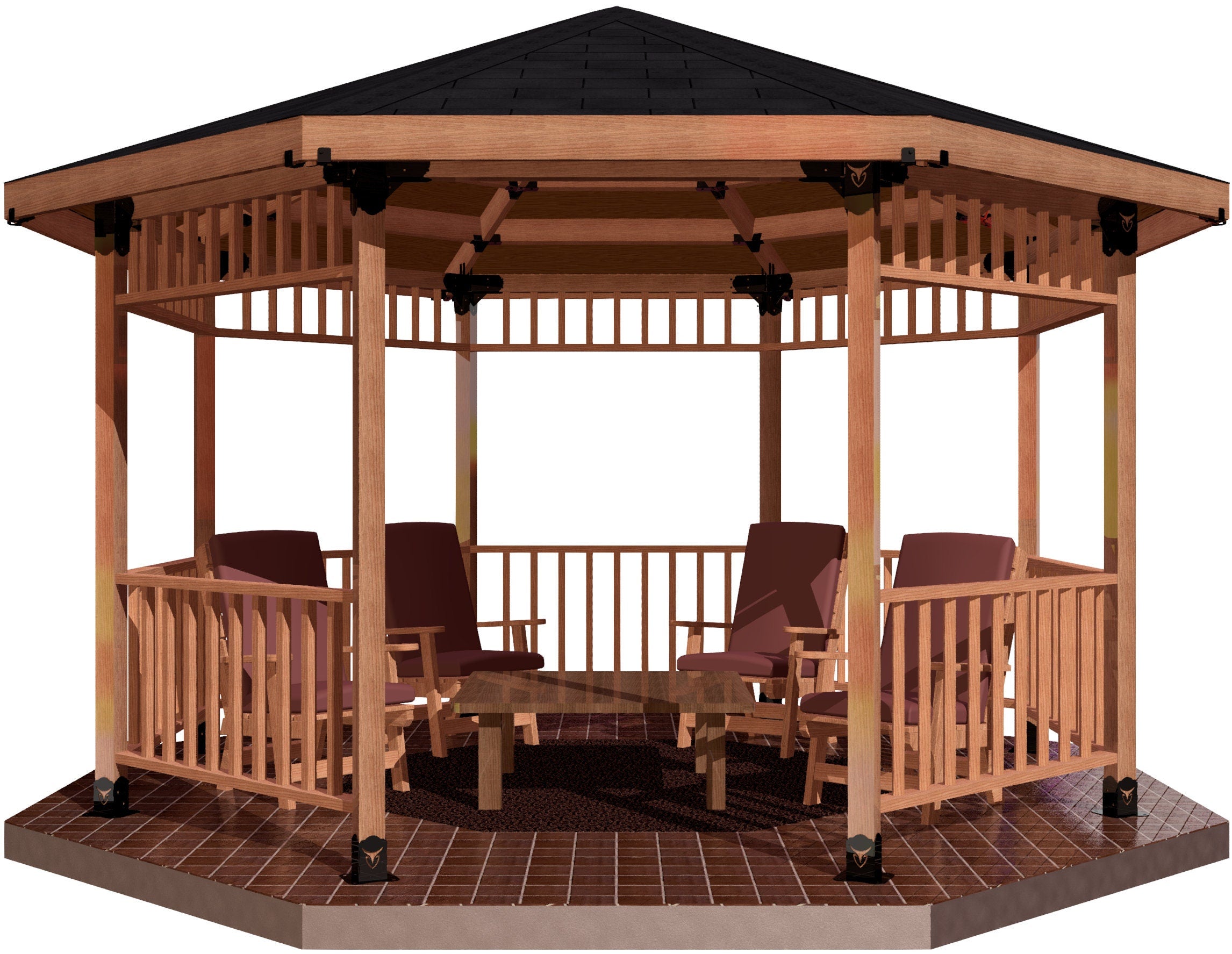 Octagon gazebo structure with heavy duty iron brackets, sturdy wooden frame, and comfortable seating, perfect for DIY outdoor projects. ,