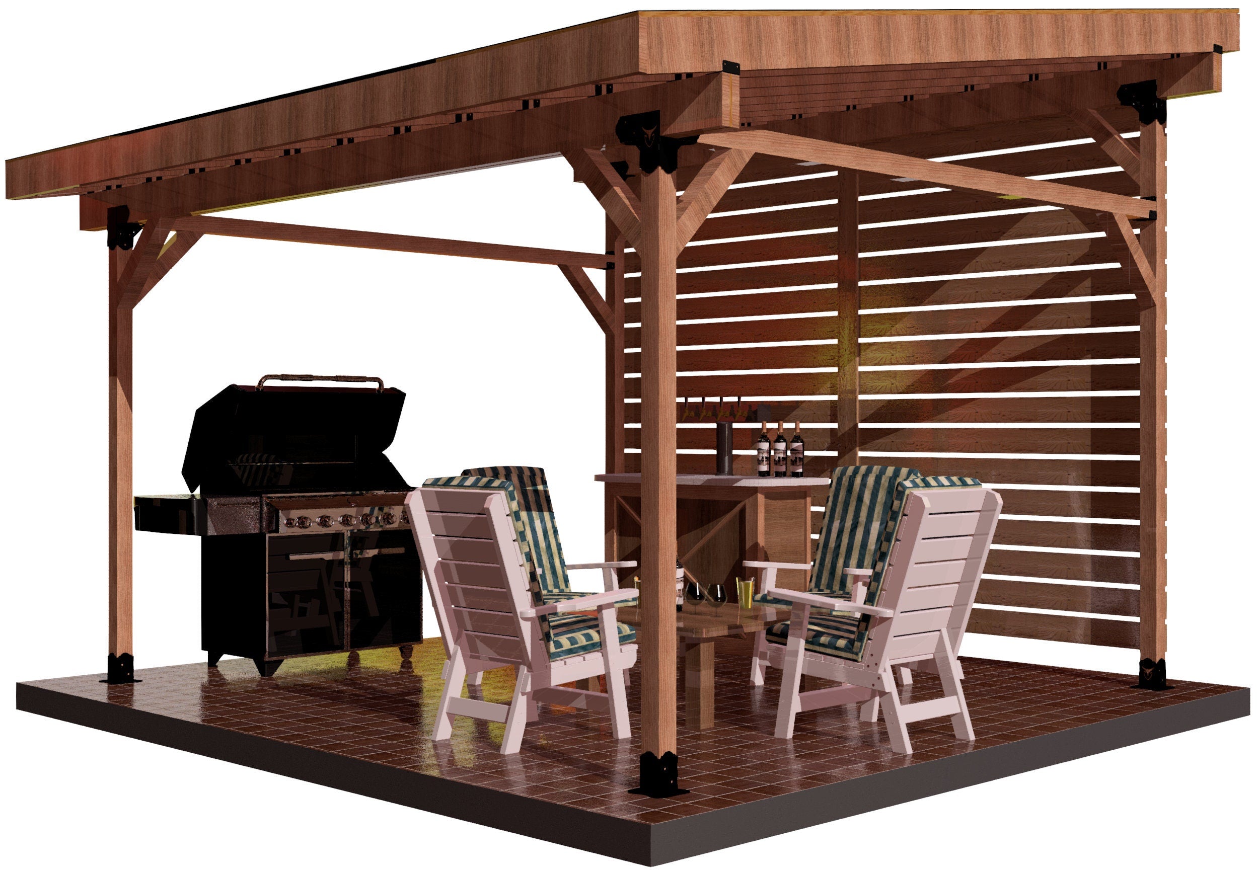DIY 4x4 Lean To shelter with adjustable width and pitch, providing versatile outdoor protection and style for backyard or garden use. Includes detailed instructions and components for easy assembly. ,