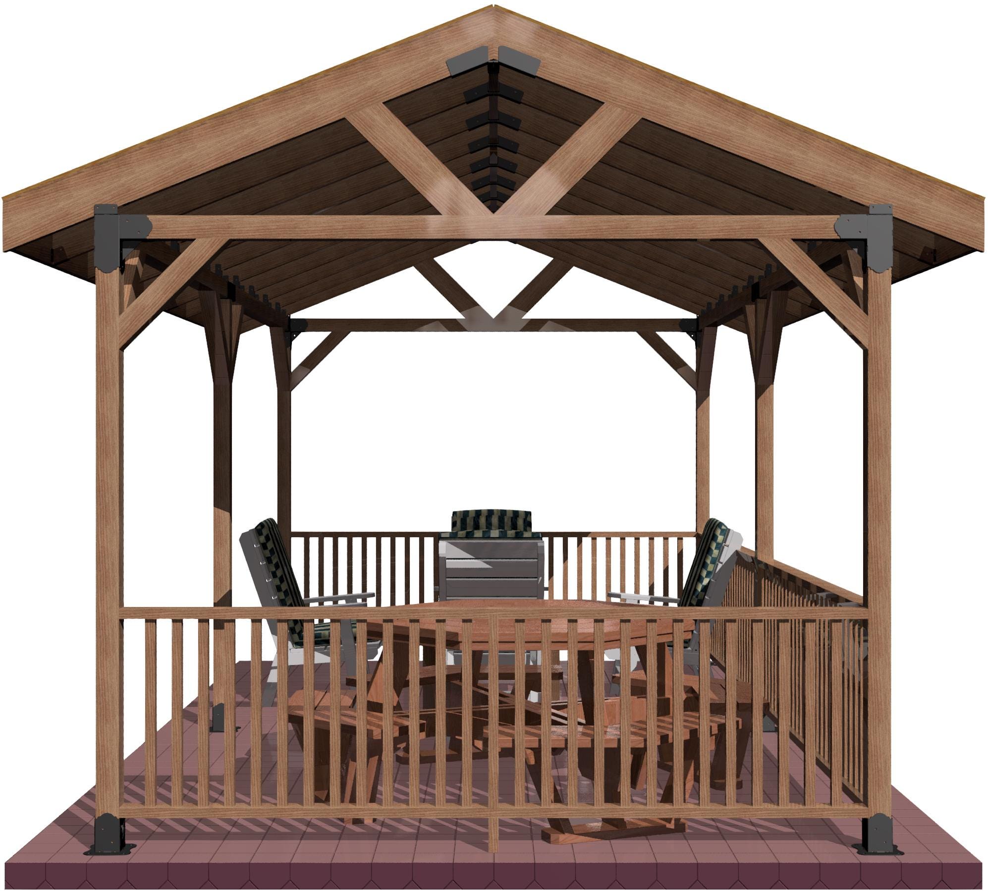 a wooden pavilion featuring a table and chairs, designed with a DIY 4X4 pavilion brackets kit for easy assembly.