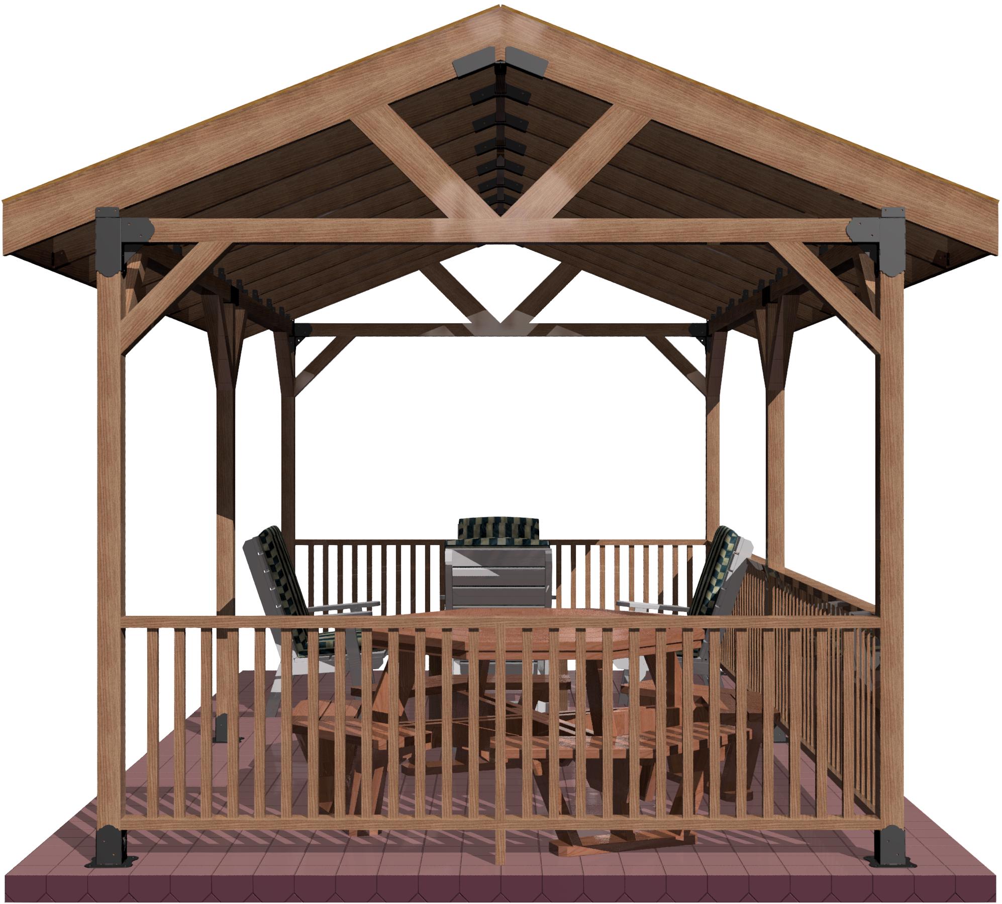 A wooden backyard pavilion with a peaked roof, featuring wooden beams and railings, providing a shaded outdoor living space for entertaining and relaxation.