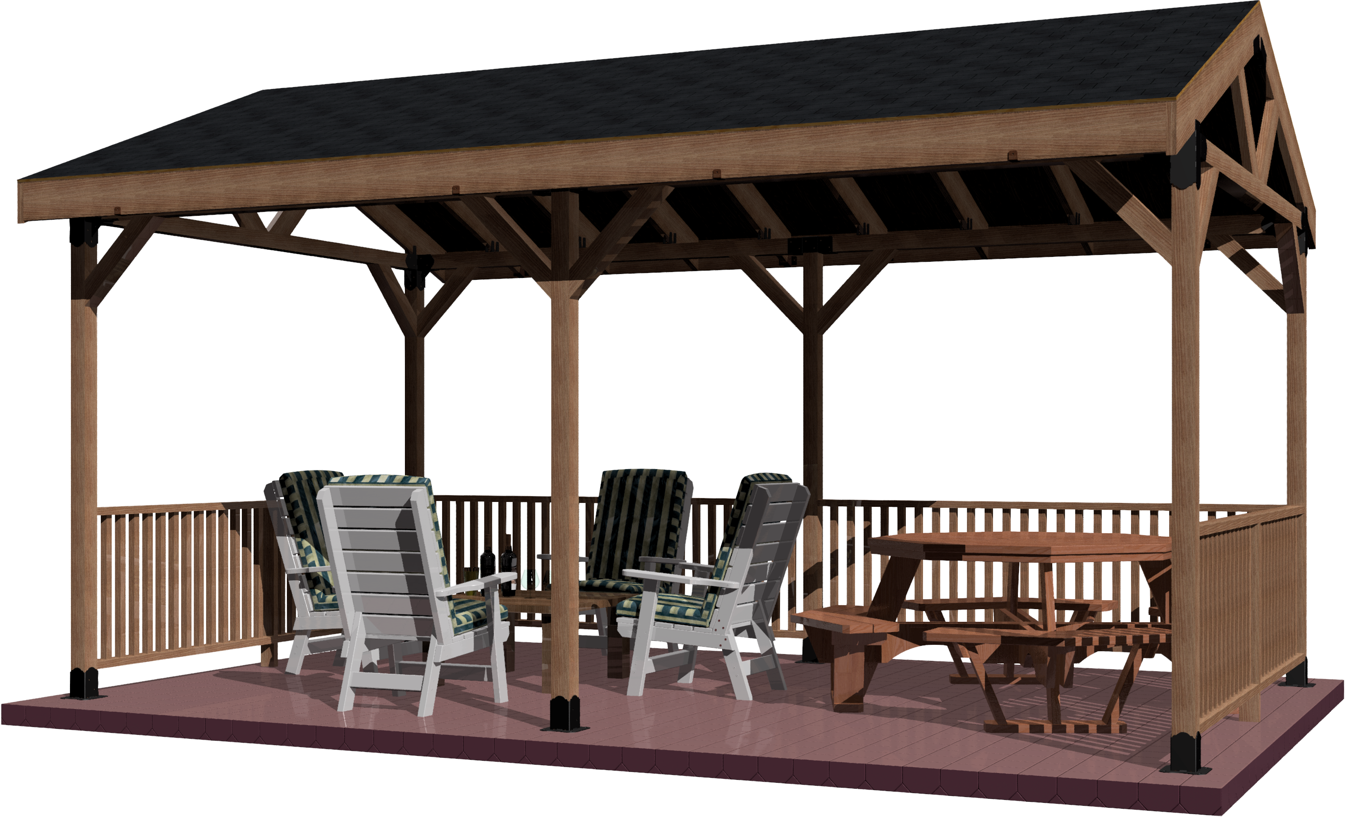 A wooden gazebo featuring chairs and tables, designed as a DIY 4x4 pavilion for outdoor gatherings.