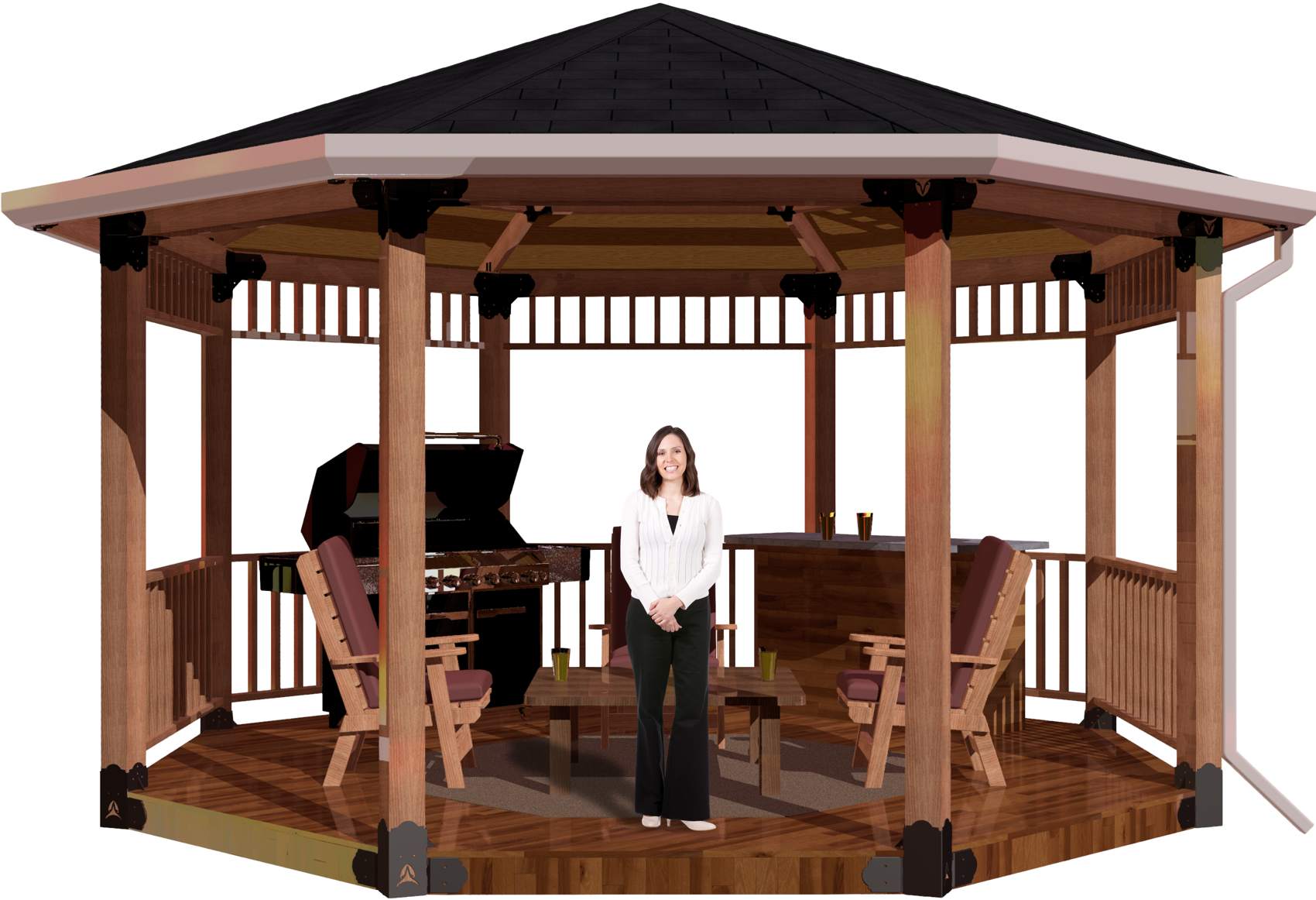 A woman stands in front of a DIY 6x6 octagon gazebo, showcasing its elegant design and inviting structure.