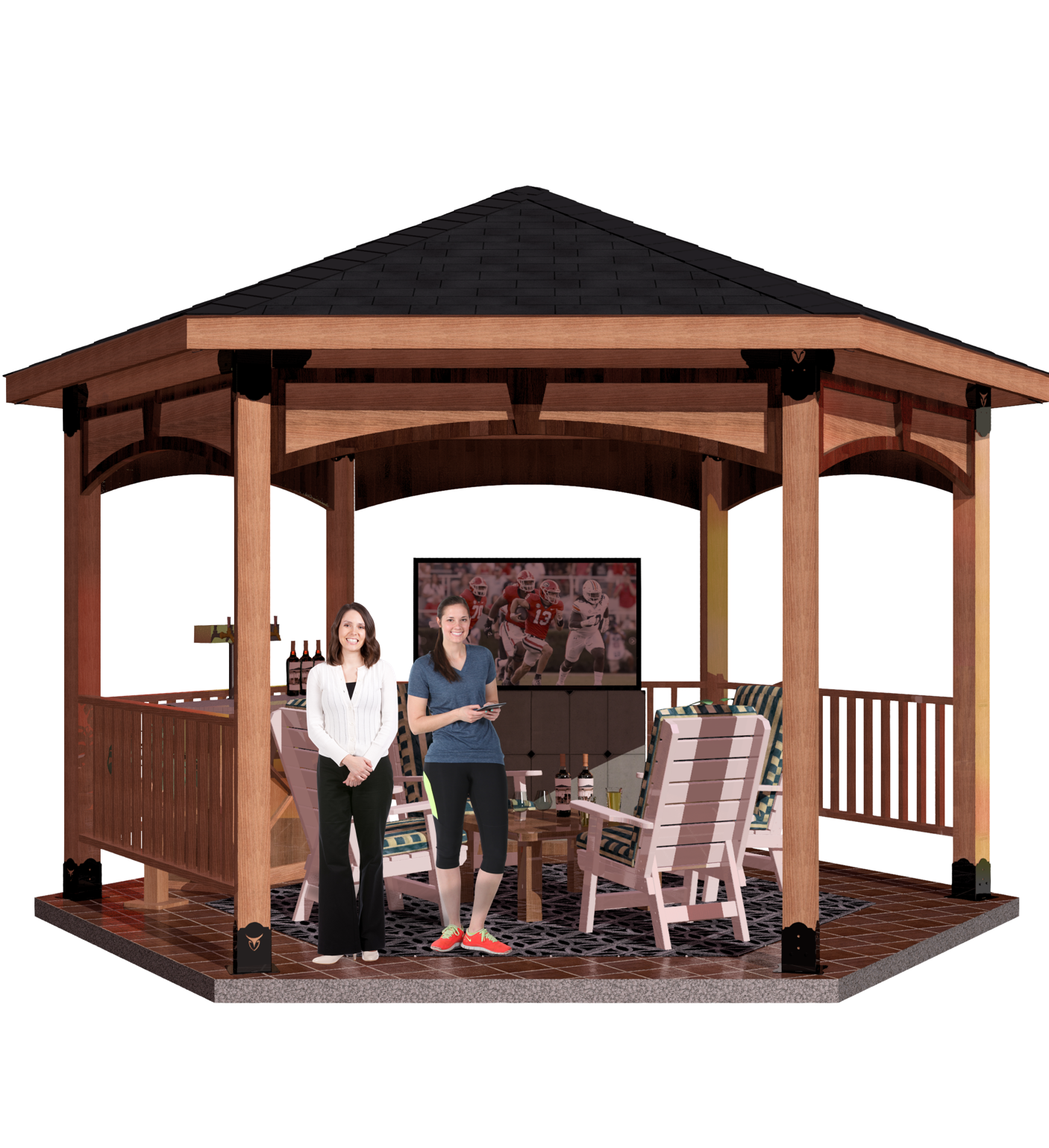 A couple stands together in front of a DIY 6x6 hexagon gazebo, showcasing a charming outdoor setting.