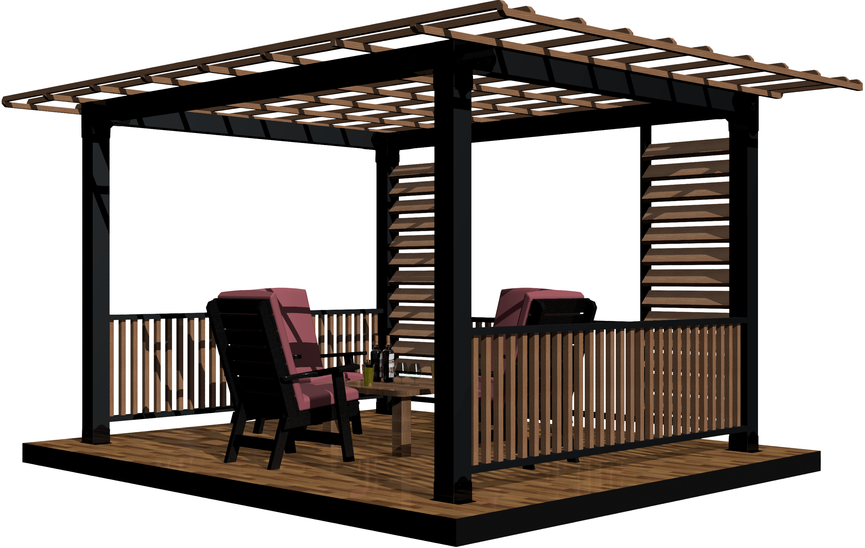 A DIY 6x6 pergola with two chairs and a table, creating an inviting space for relaxation outdoors.