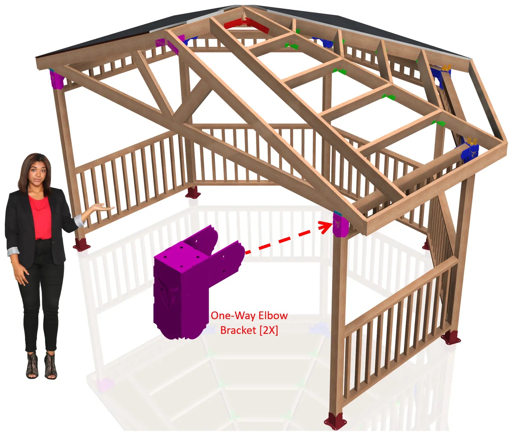 The structure features a wooden gazebo with clear labeling for brackets and assembly parts, demonstrating how to build an outdoor retreat