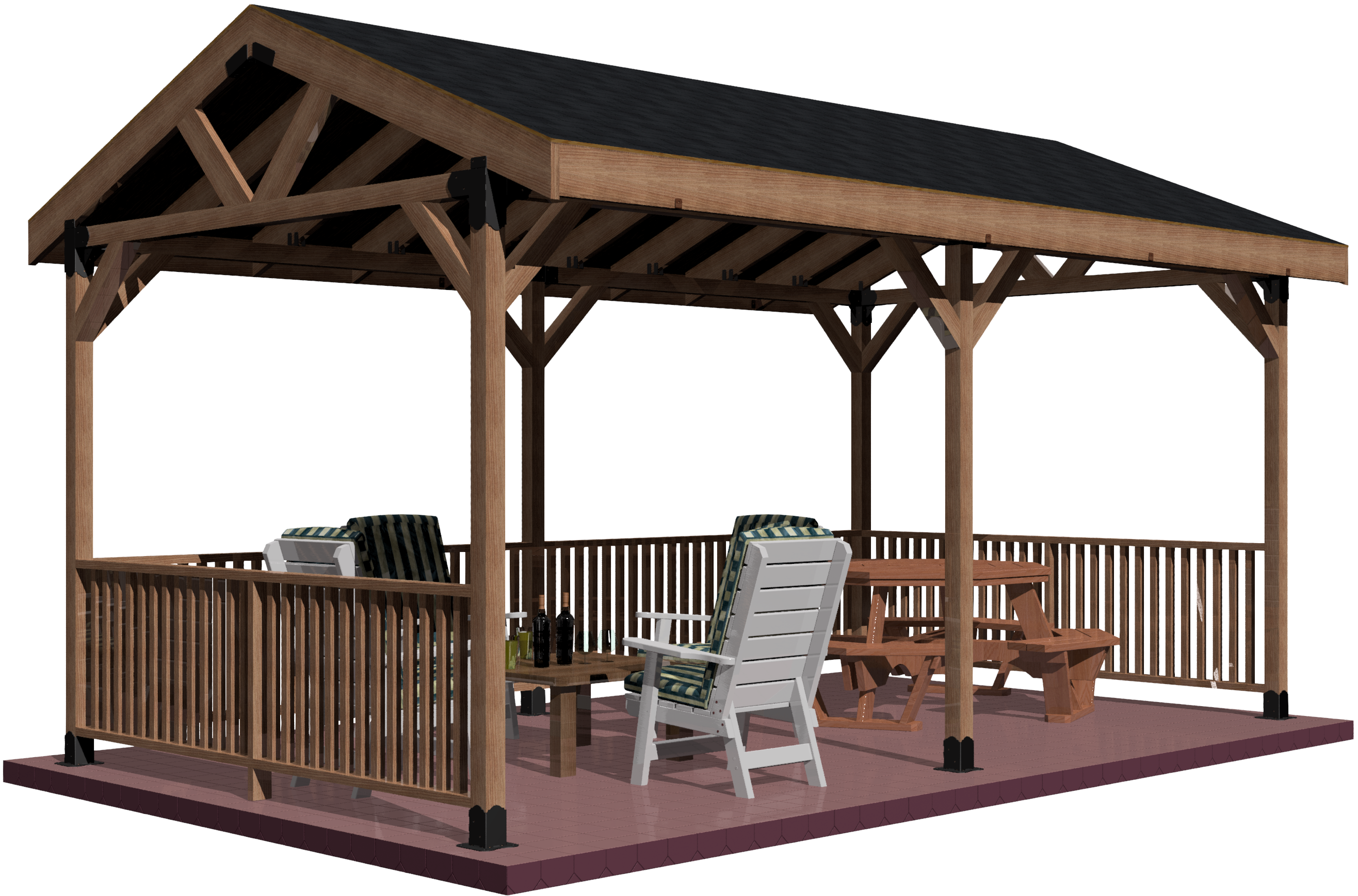 A charming wooden gazebo provides a shaded gathering space with two white chairs, a picnic-style table, and a peaceful garden atmosphere in the afternoon.