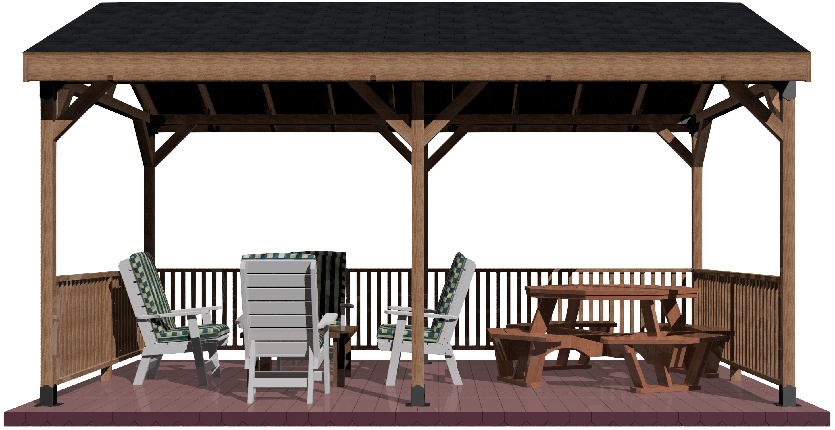 A wooden backyard pavilion with a peaked roof, featuring wooden beams and railings, providing a shaded outdoor living space for entertaining and relaxation.