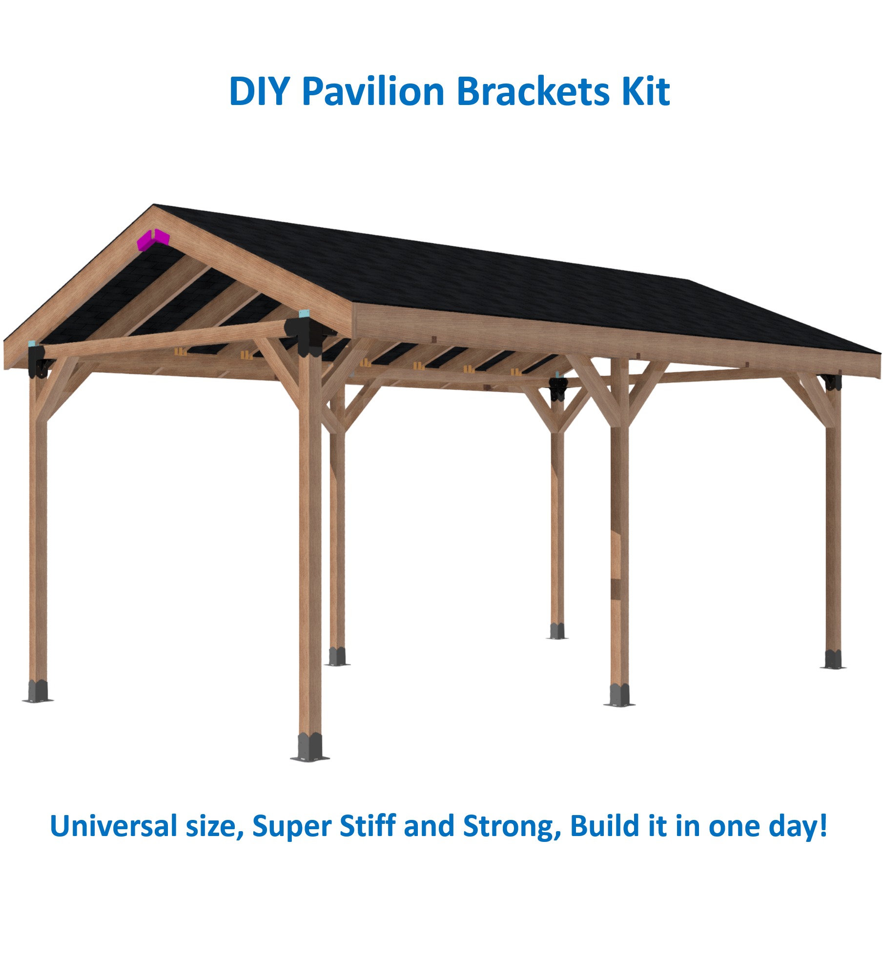 A wooden backyard pavilion with a peaked roof, featuring wooden beams and railings, providing a shaded outdoor living space for entertaining and relaxation.