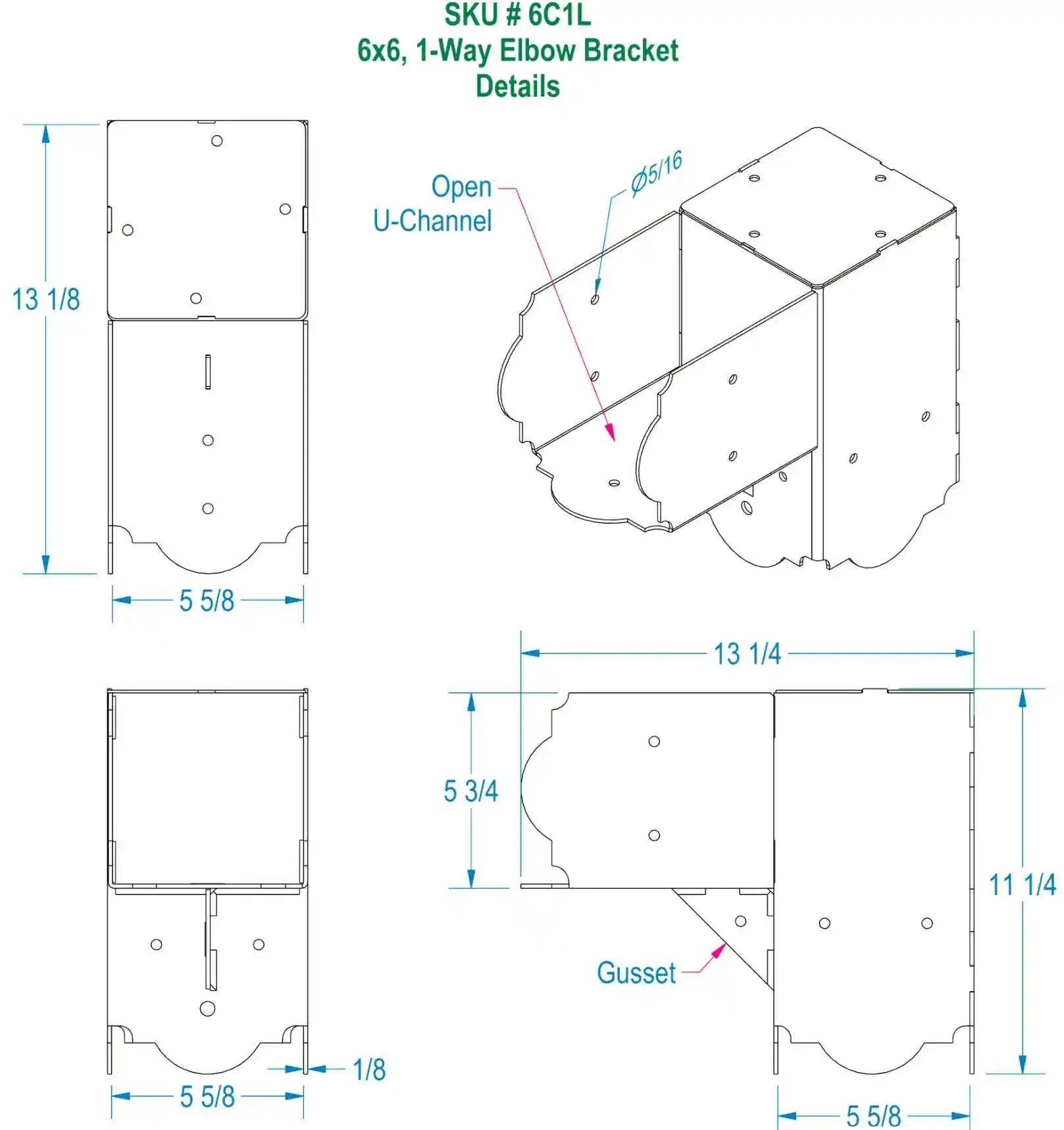 technical drawing of a 90 degree elbow bracket labeled 6C1L Dimensions