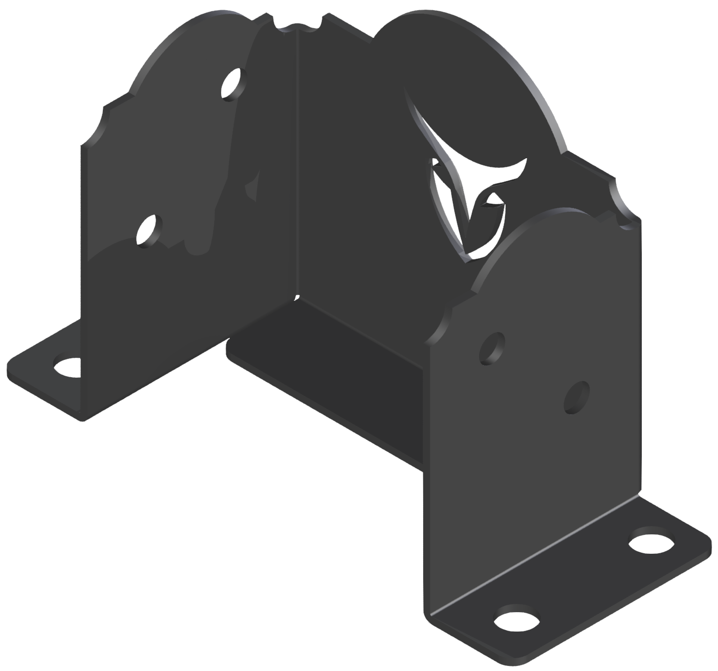 Heavy-duty black metal bracket with holes, designed for secure anchoring of 4x6 posts.