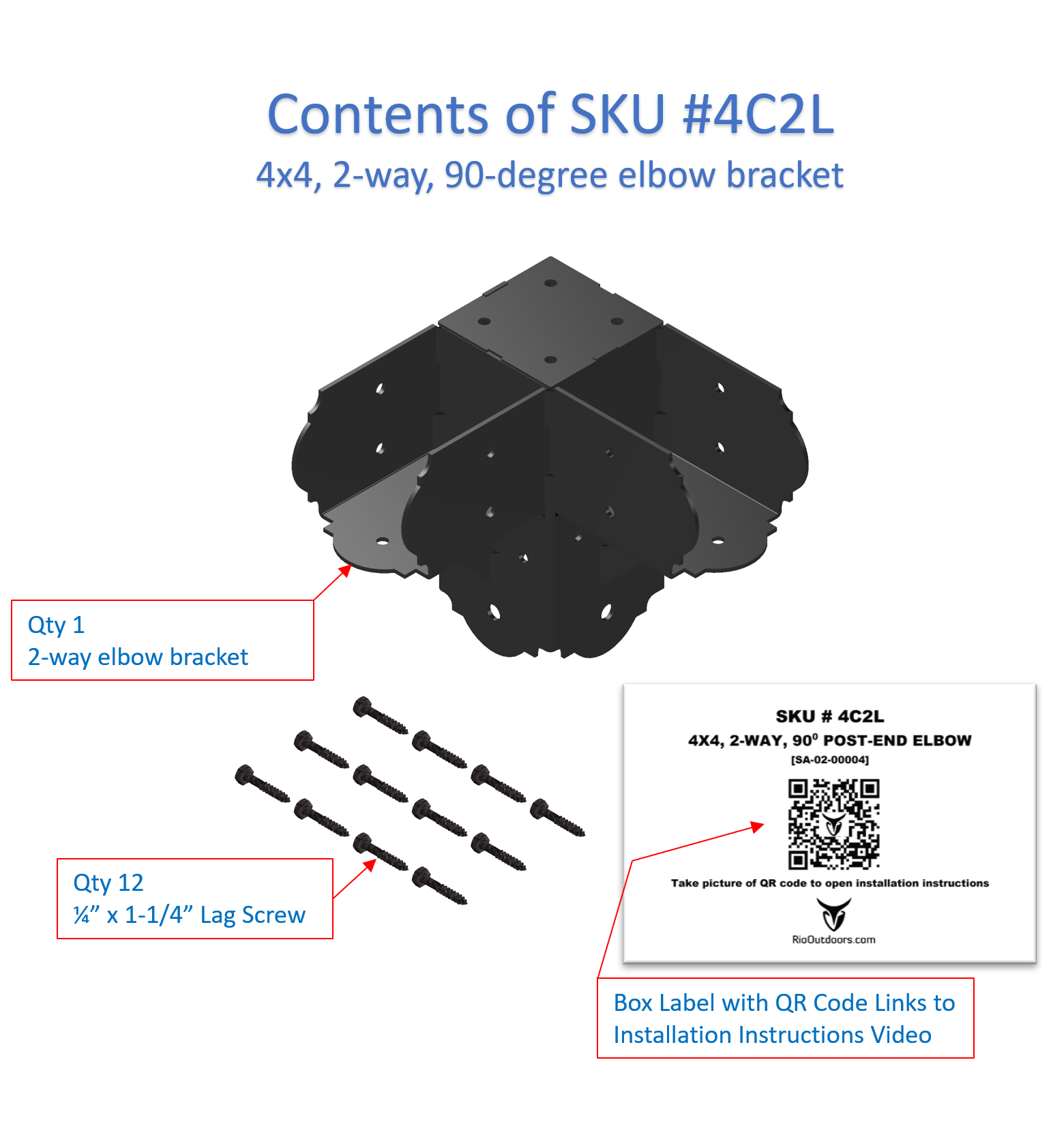 Contents of SKU #4C2L showing a 90 degree metal elbow bracket and lag screws