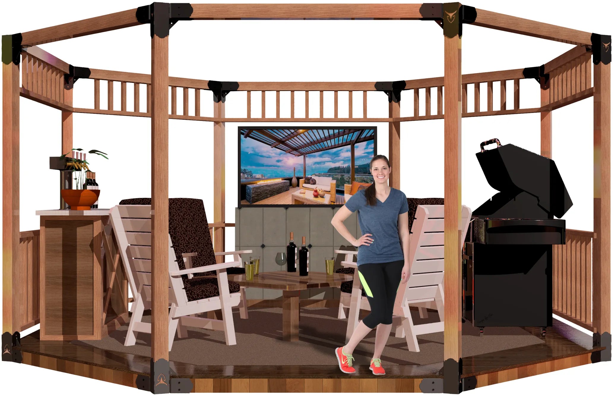 Cozy outdoor lounge area featuring a wooden structure, comfortable seating, and a large screen for entertainment during summer evenings