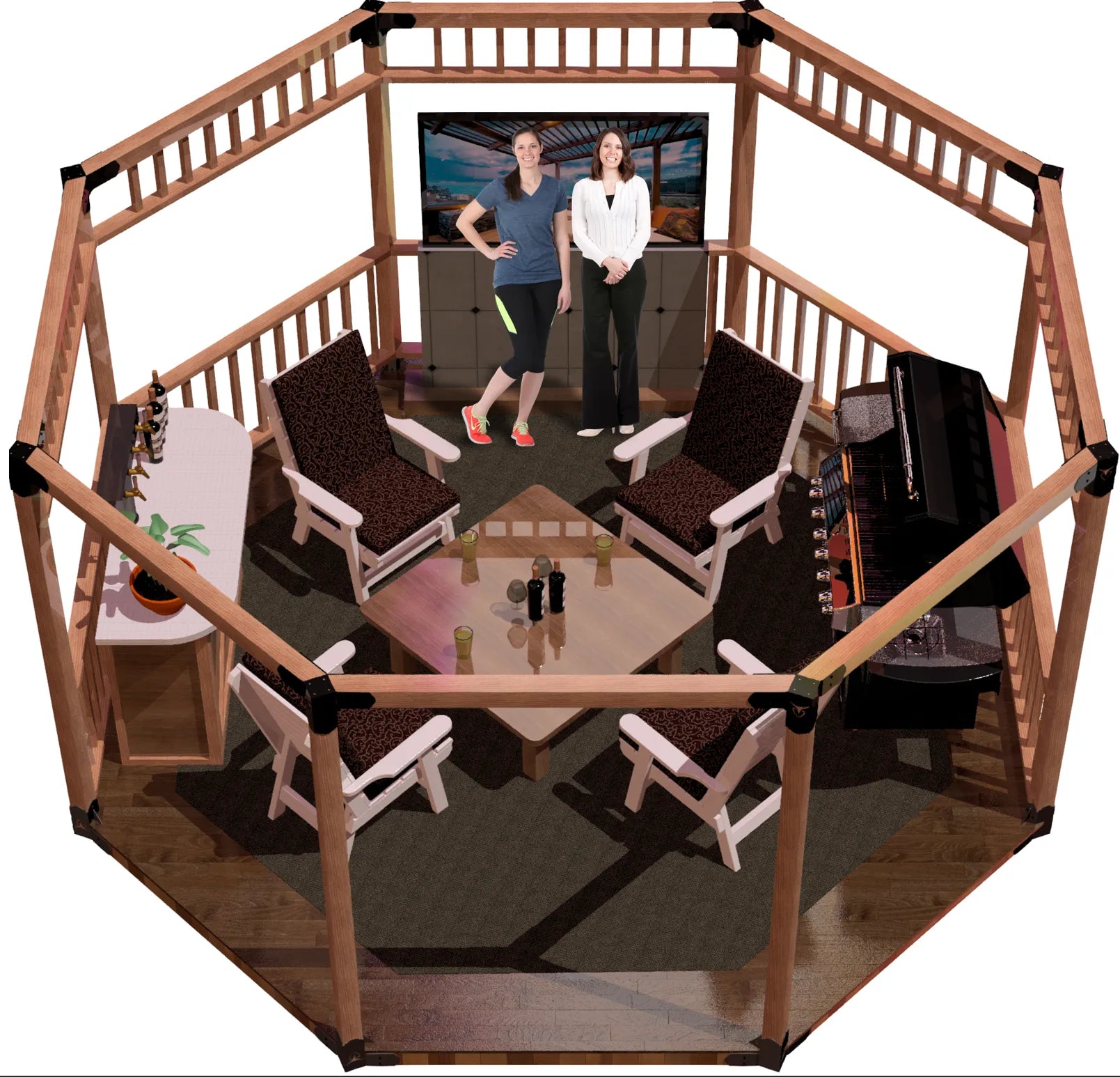 Cozy outdoor lounge area featuring a wooden structure, comfortable seating, and a large screen for entertainment during summer evenings