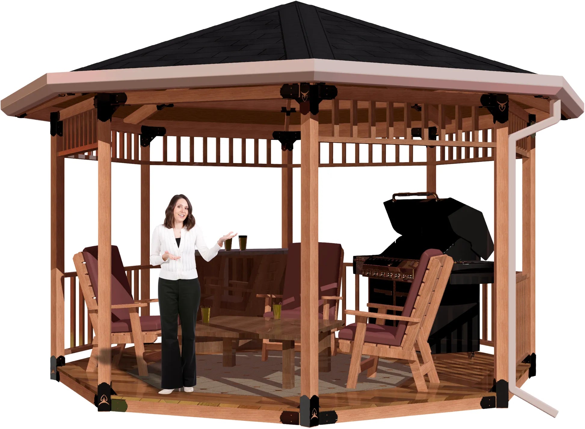 A woman stands inside a gazebo featuring outdoor seating, a barbecue grill, and decorative elements in a sunny backyard setting