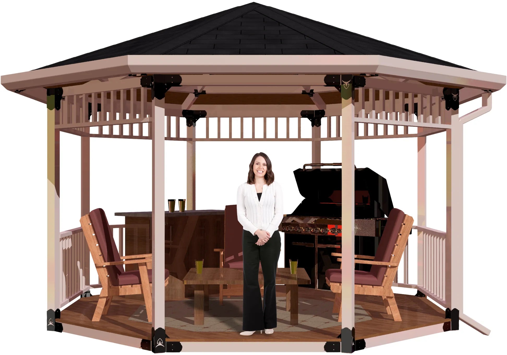 A woman smiles while standing in a beautifully designed gazebo. The structure includes cozy seating and a barbecue grill, ideal for outdoor gatherings and relaxation.