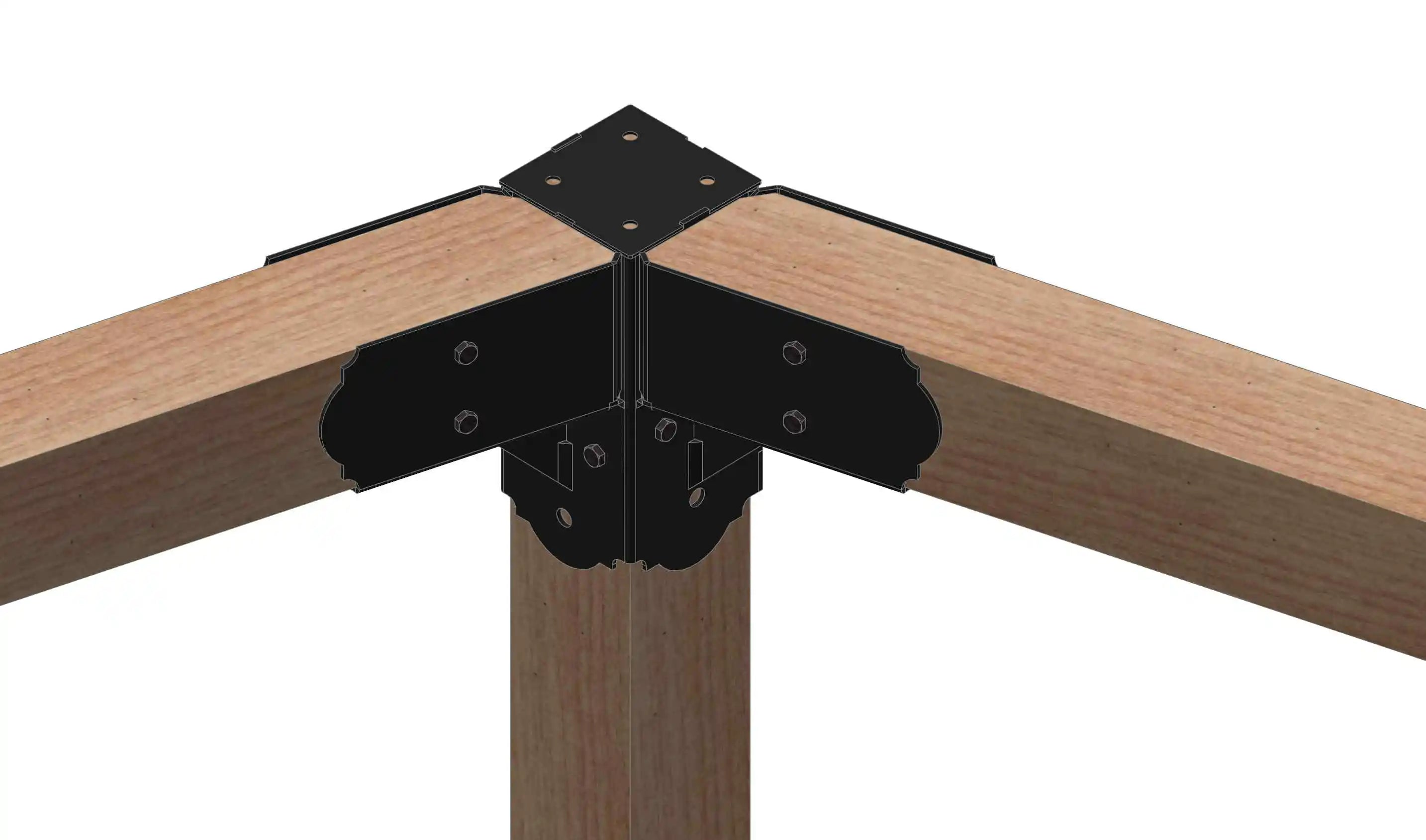 A close-up view highlights a wooden framework corner joint using hexagon elbow bracket, illustrating essential details for a construction project related to home improvement.