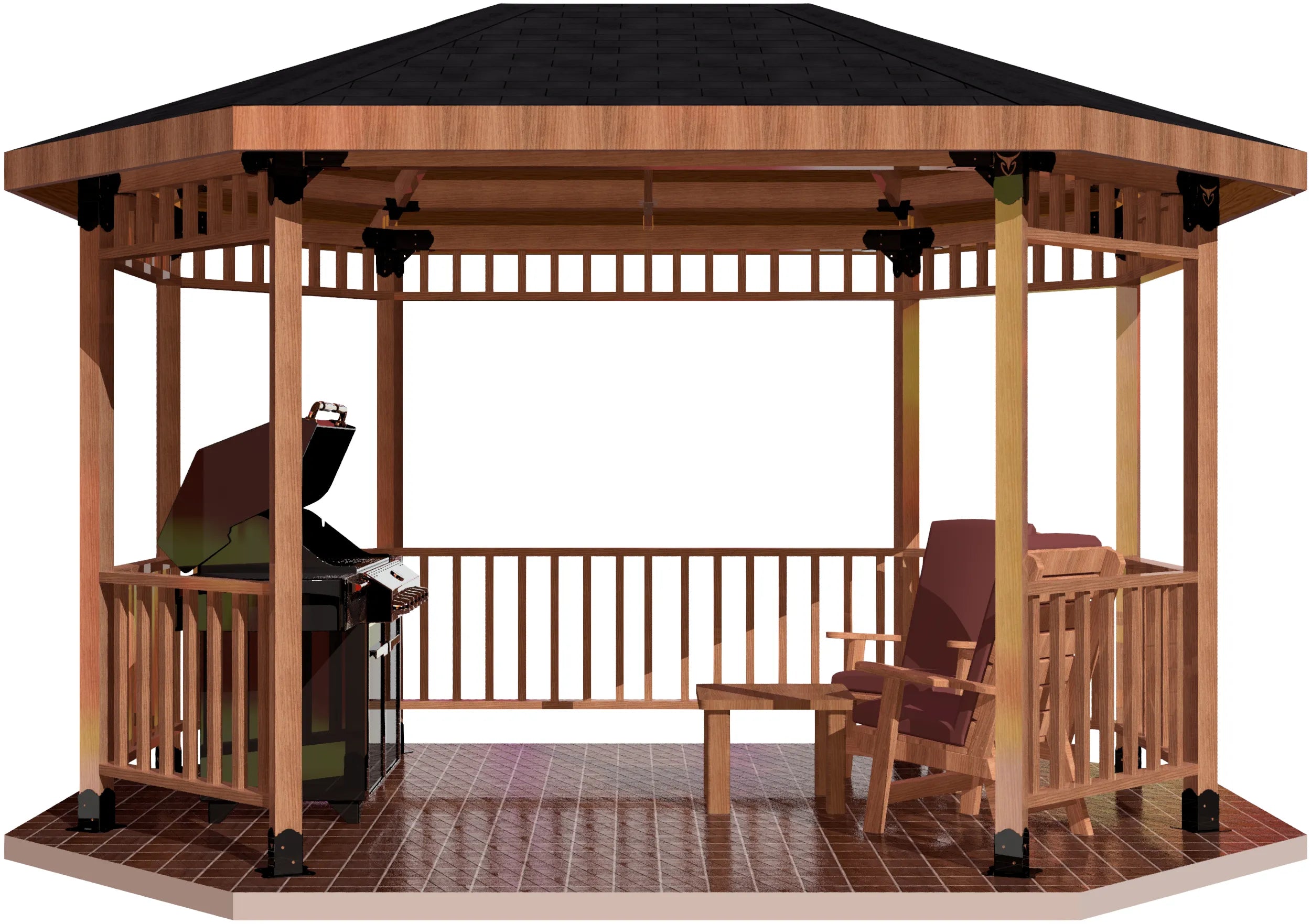 A charming gazebo in a 4x4 linear octagon shape, furnished with a table and chairs for relaxation and socializing.