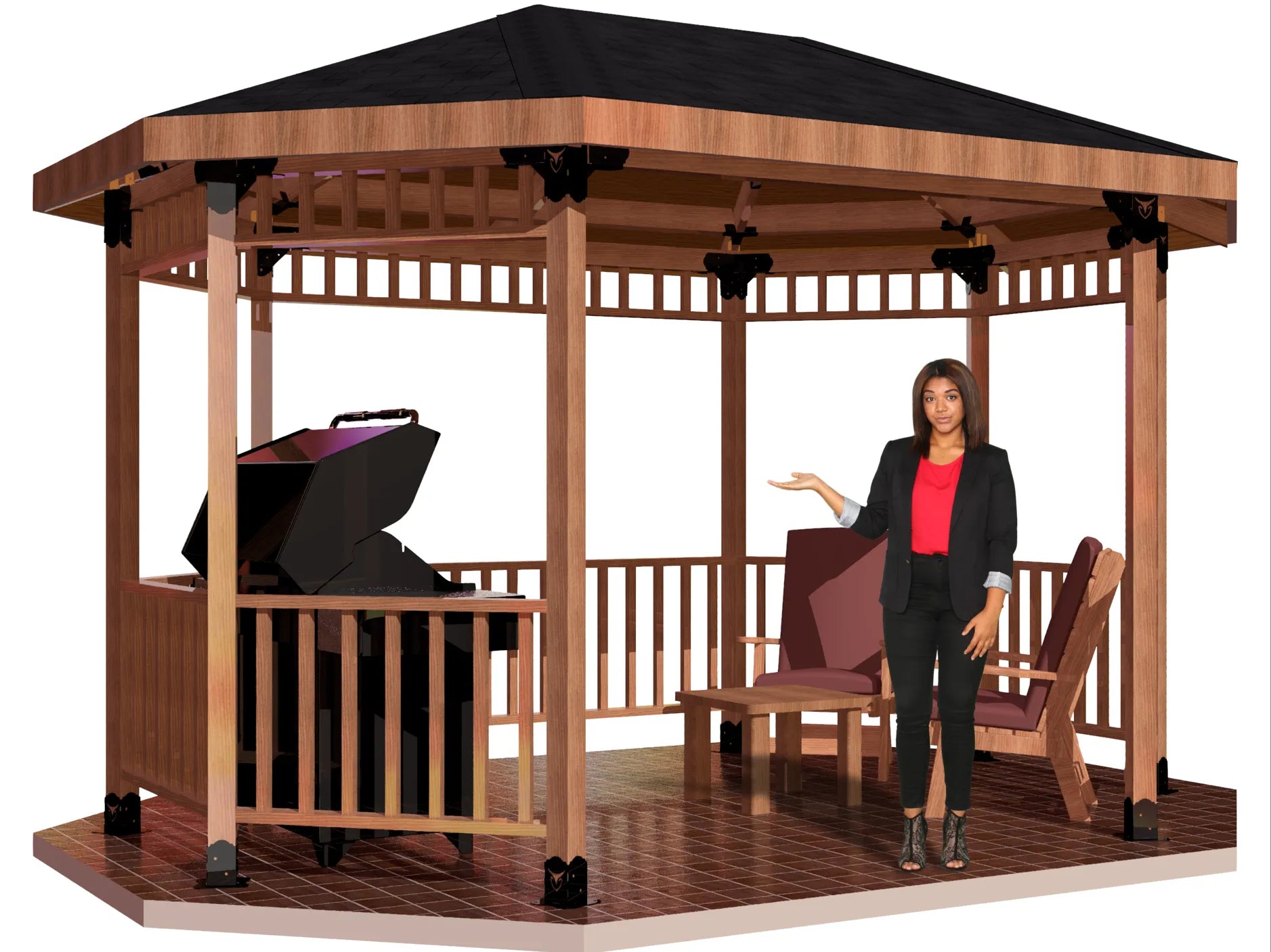 A woman poses in front of a 4x4 Linear Octagon Pavilion gazebo, showcasing its elegant design in a tranquil environment.