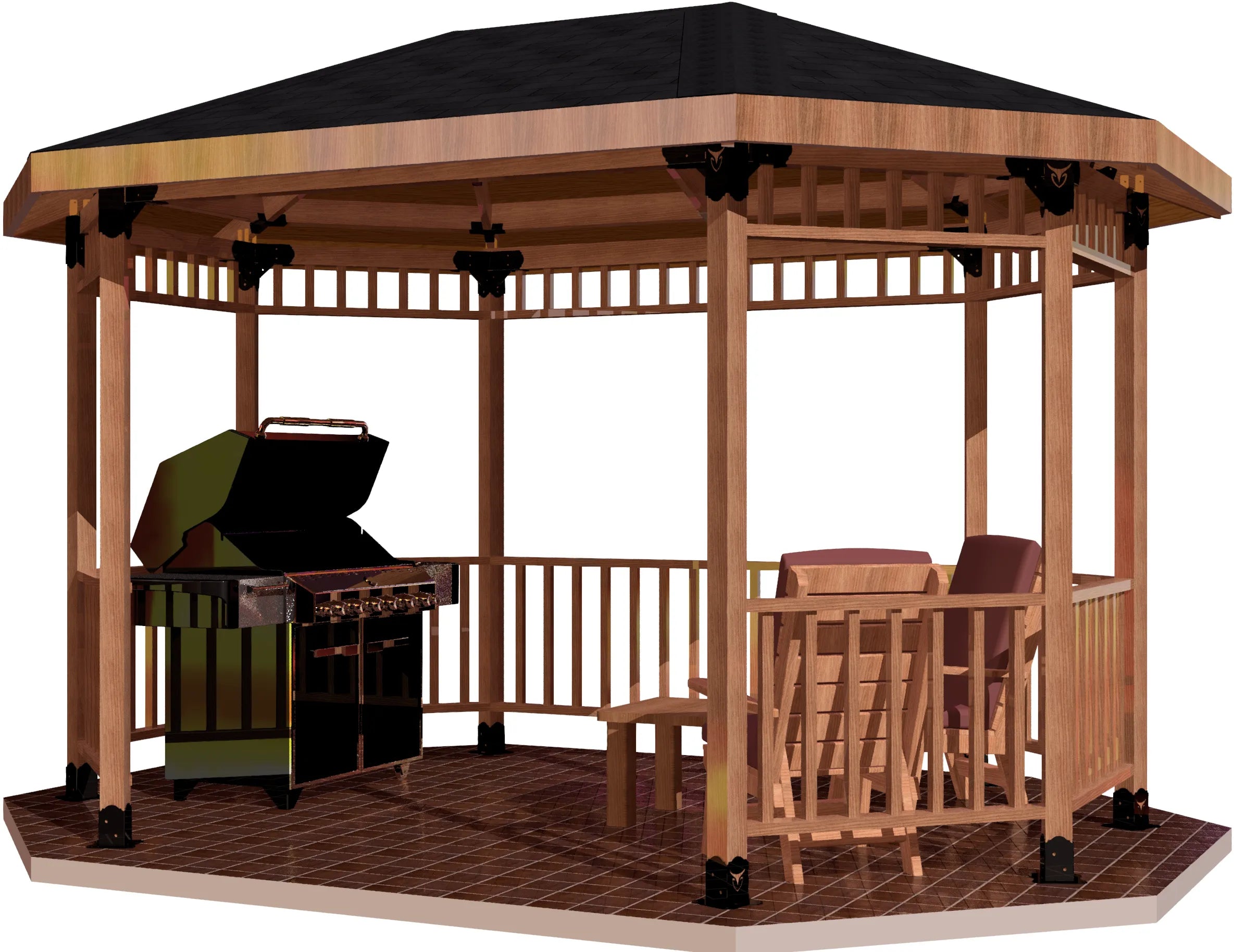 A charming gazebo in a 4x4 linear octagon shape, furnished with a table and chairs for relaxation and socializing.