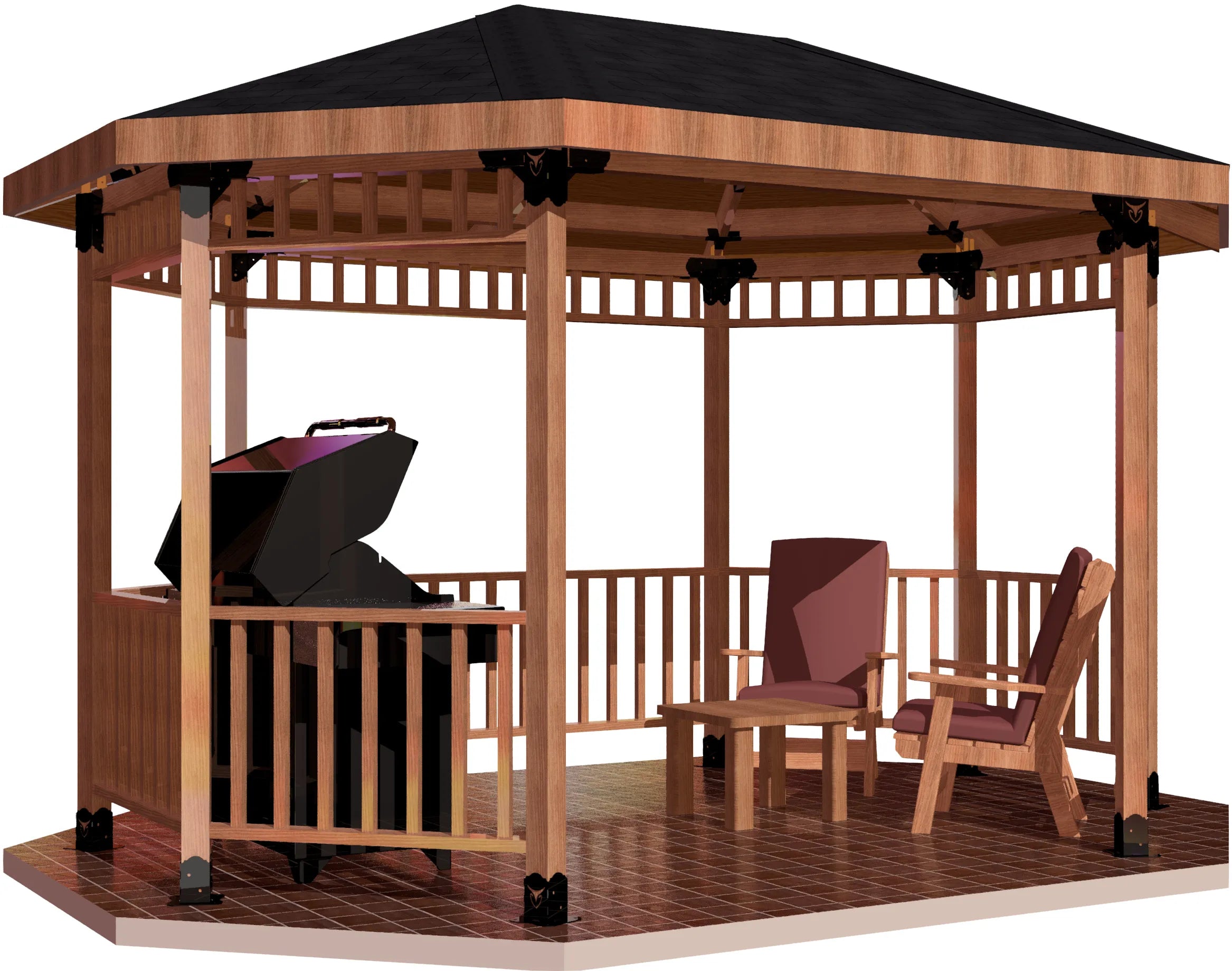 This backyard features a charming gazebo that includes a grilling station and comfortable seating, perfect for summer meals and gatherings with friends and family.