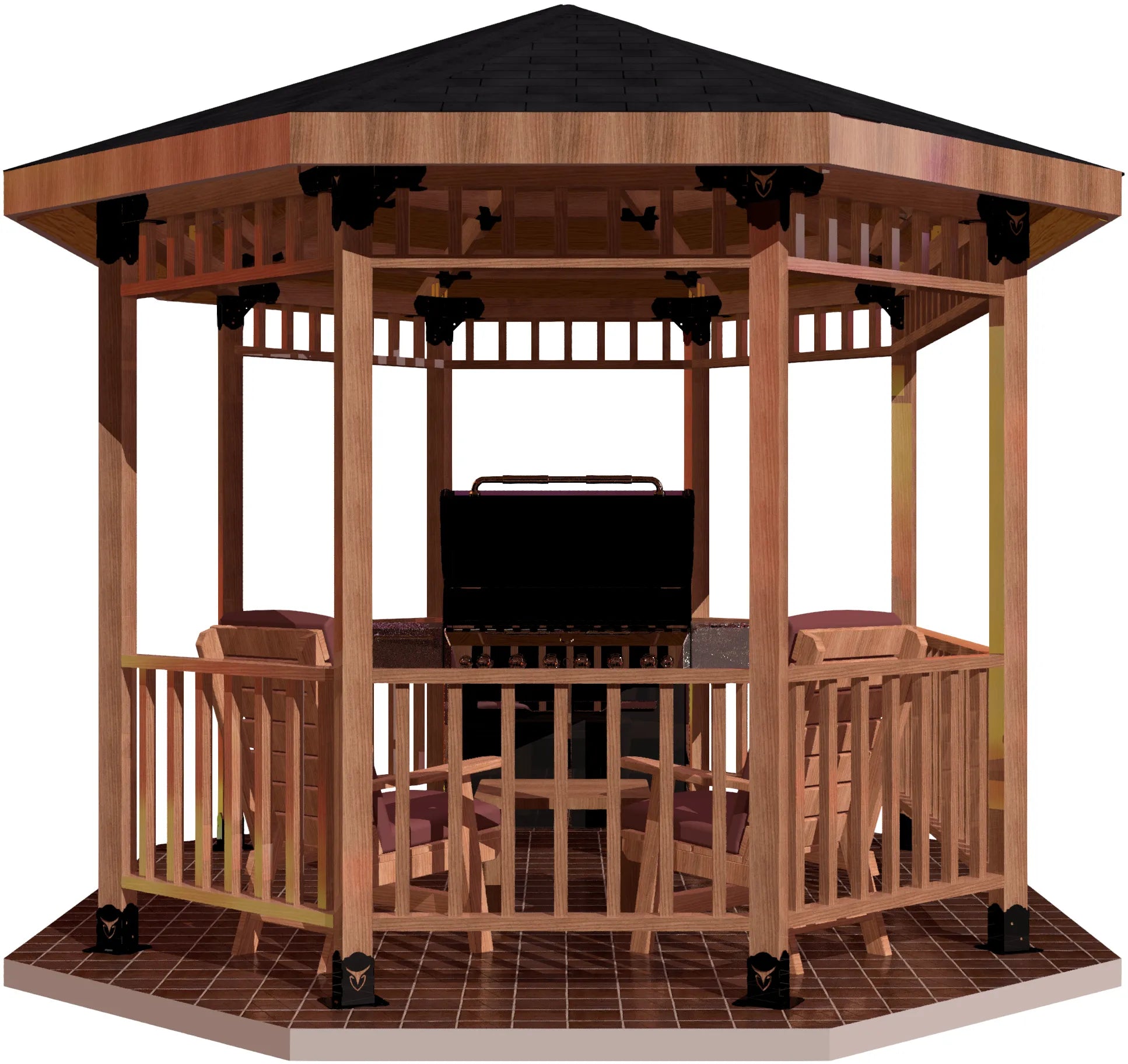 A charming gazebo in a 4x4 linear octagon shape, furnished with a table and chairs for relaxation and socializing.