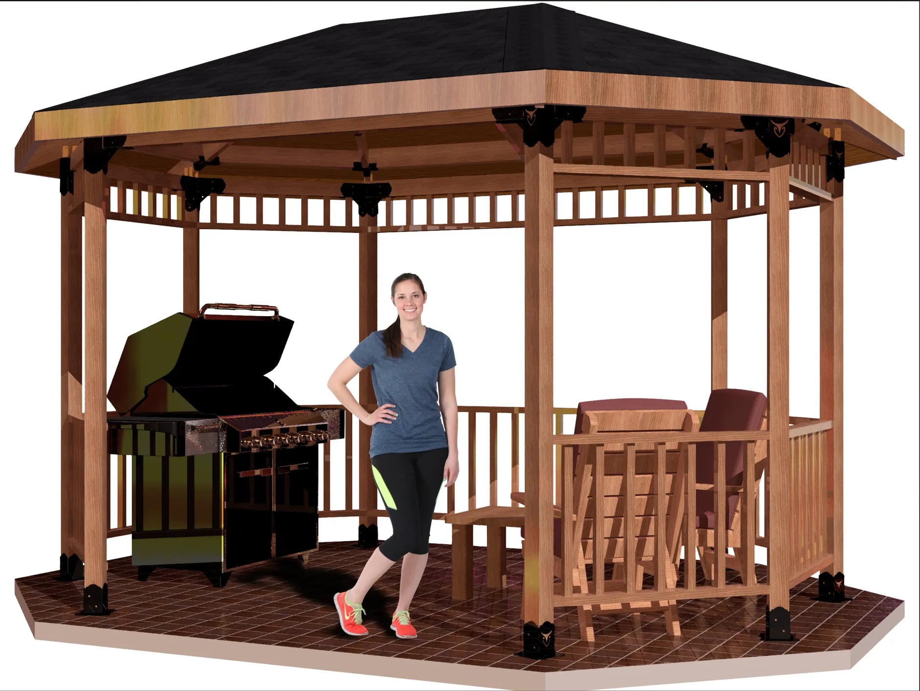 A woman poses in front of a 4x4 Linear Octagon Pavilion gazebo, showcasing its elegant design in a tranquil environment.