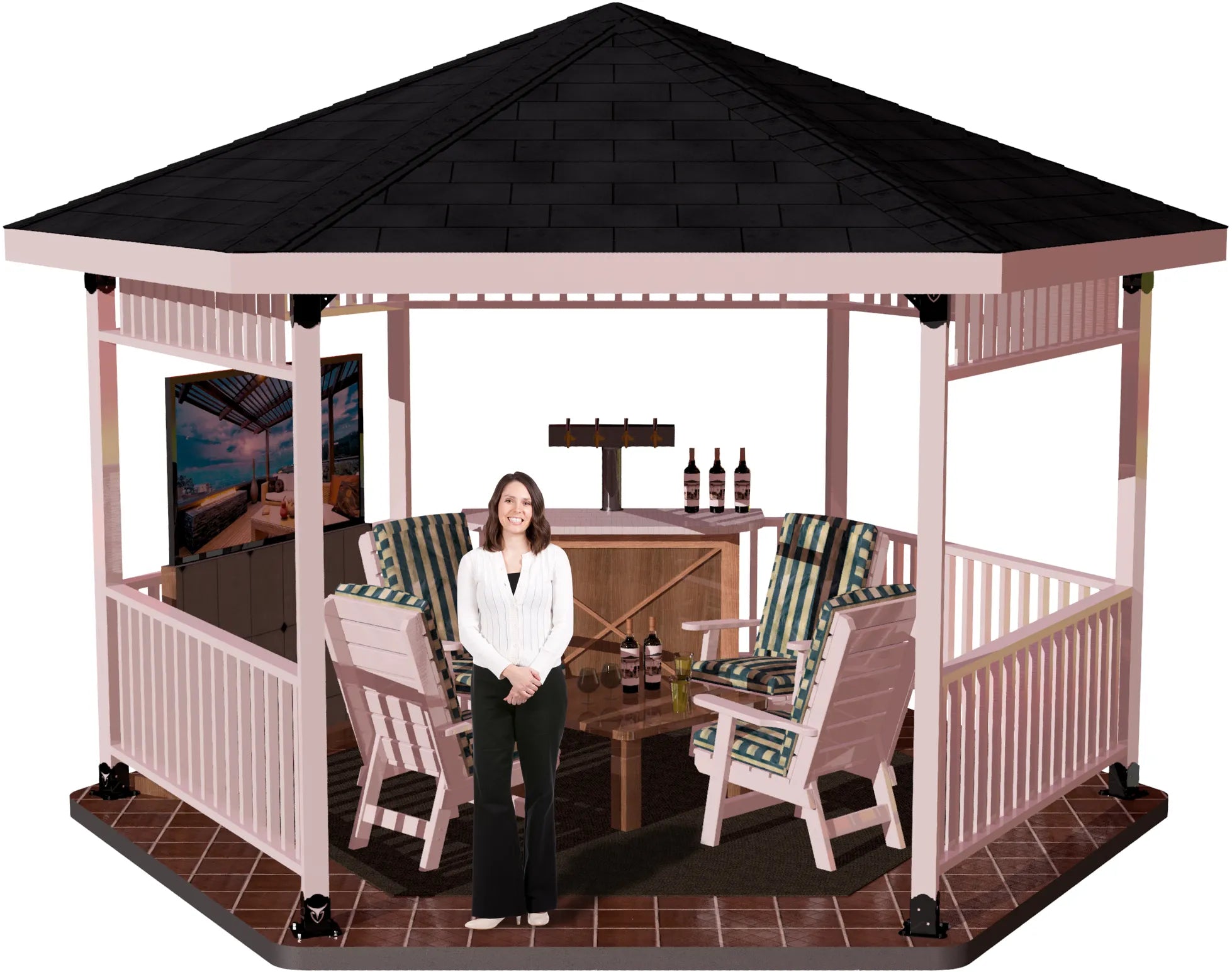 A woman stands in front of a hexagon gazebo, showcasing its 4X4 surface-mounted design in a serene outdoor setting.