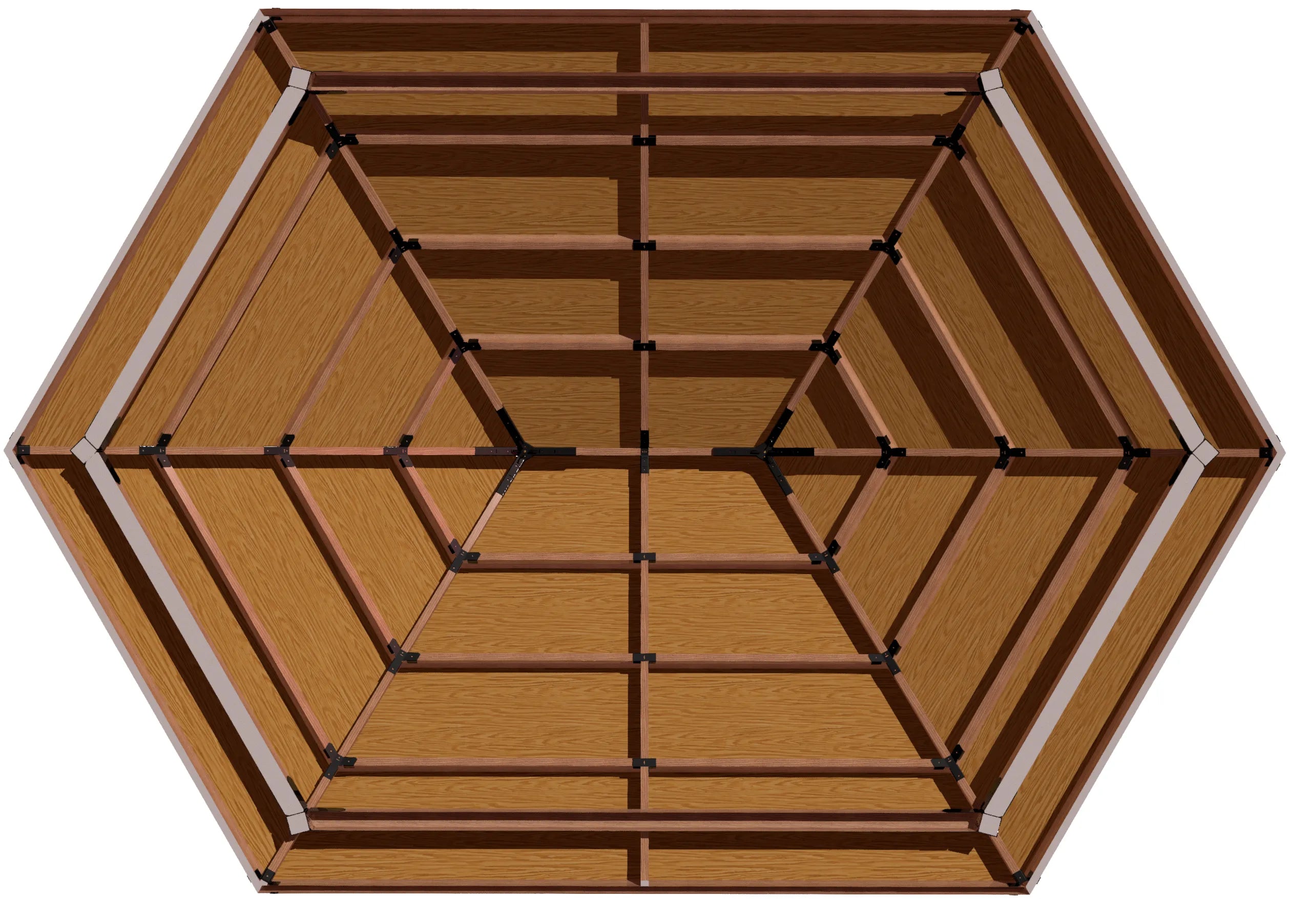 Overview of an Linear Hexagonal Wooden Gazebo Framework With Black Metal Connectors During Daylight Hours