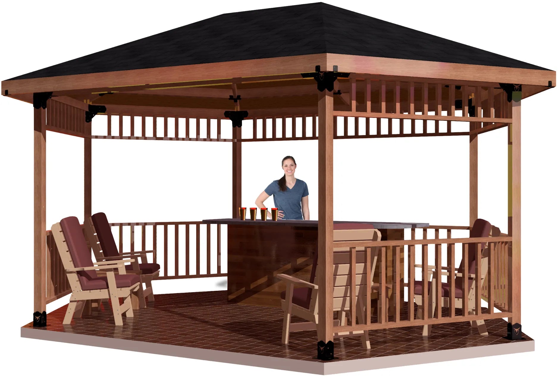 A woman stands inside a spacious wooden gazebo while surrounded by cozy chairs, a table, and a bar. It’s a beautiful day outdoors.