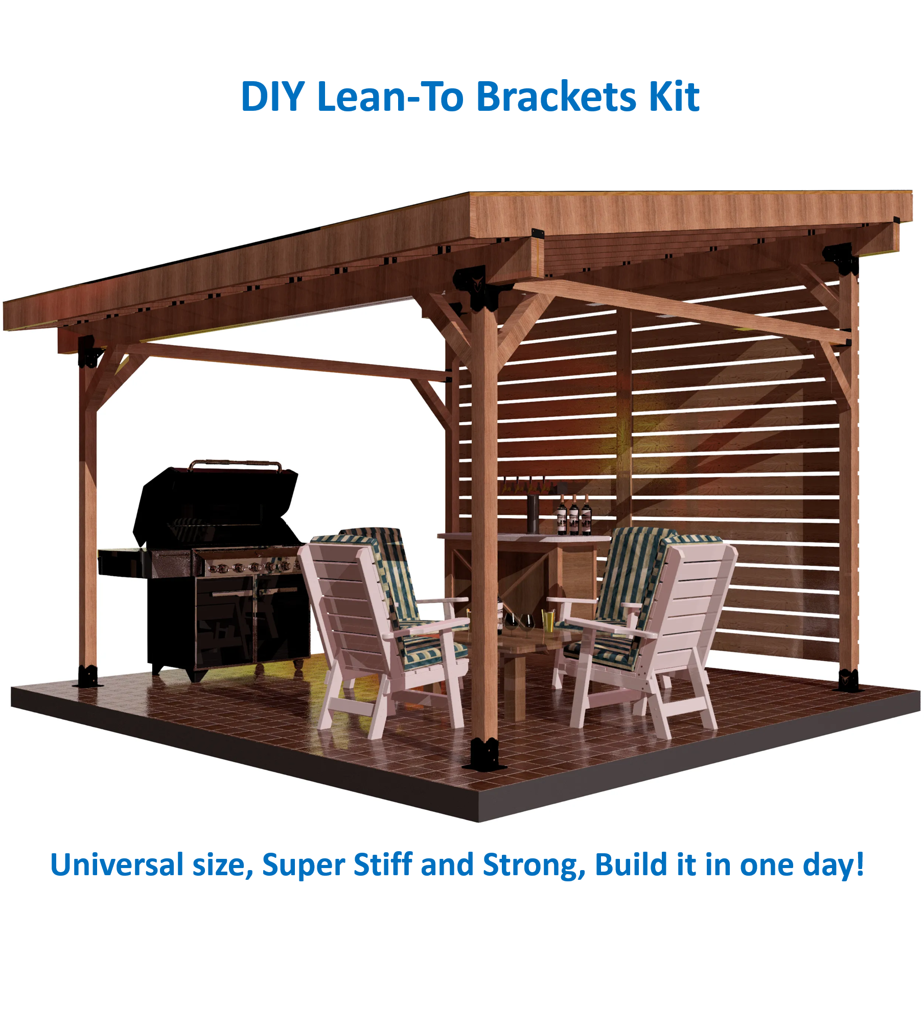 Adjustable wooden shelter with customizable pitch and width, ideal for use as a carport, garage, shed, or patio cover, Rio Outdoors