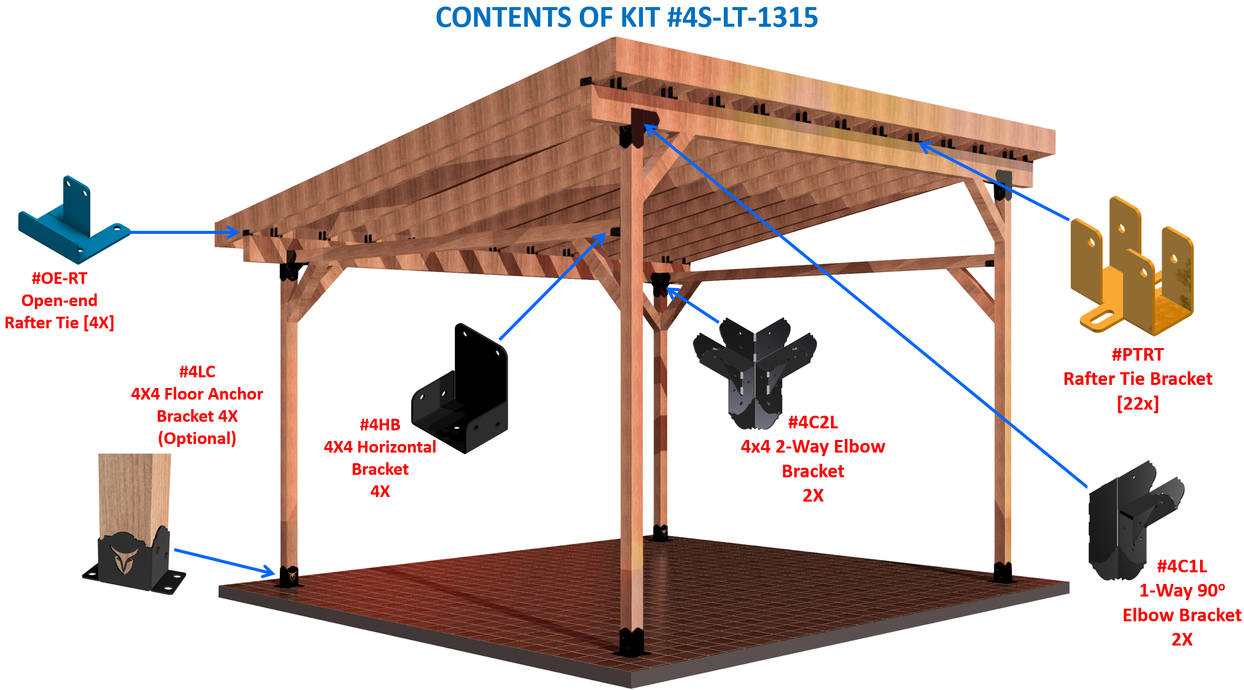 steel parts and wood framing application dipiction for a wooden 4x4 pergola