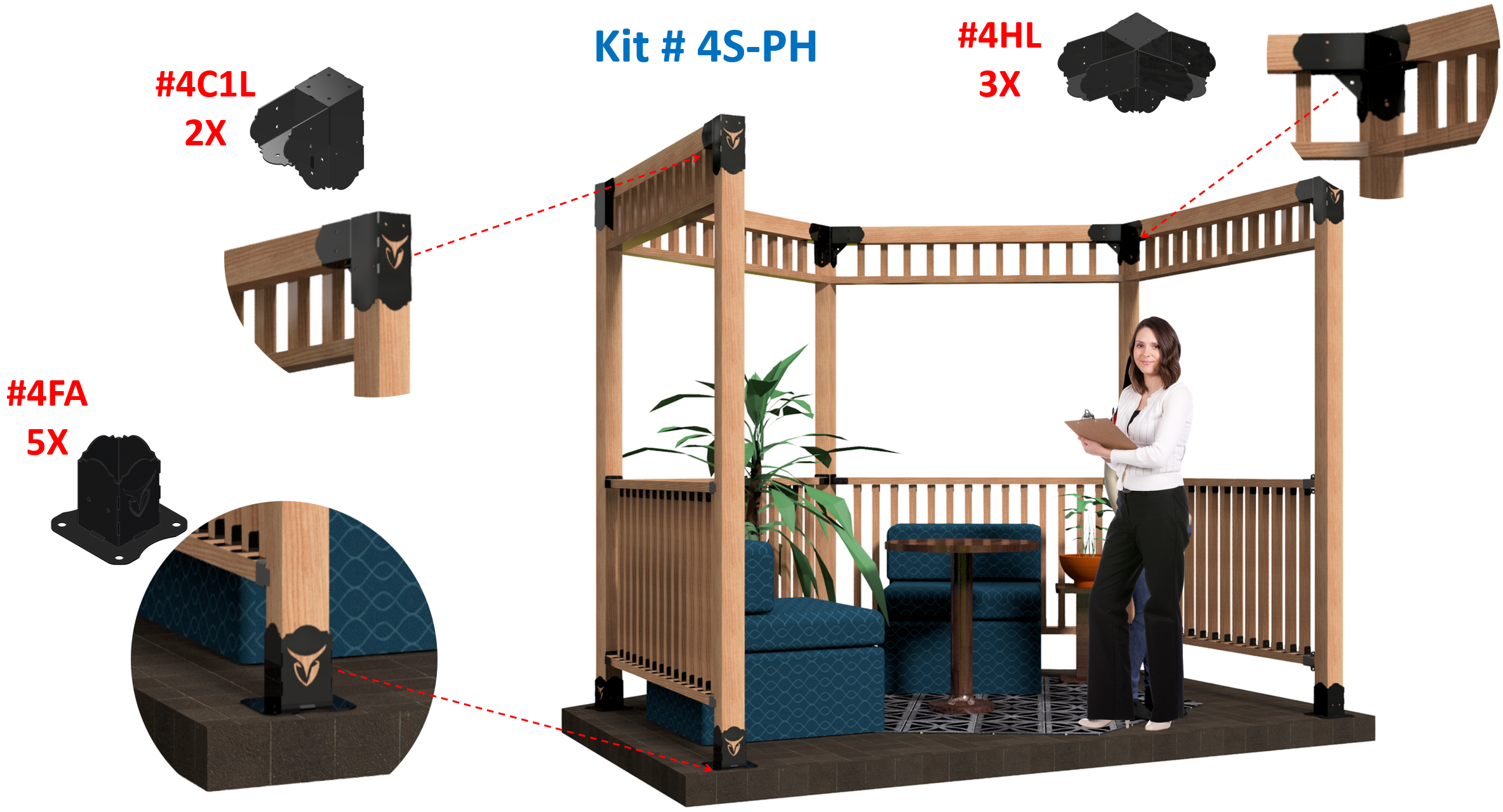 Decorative open-air structure in a partial hexagon shape, featuring 4x4 wooden posts and headers, designed for outdoor living and entertainment. Versatile DIY kit perfect for creating a cozy relaxation nook or stylish gathering spot. Hexagon Collection