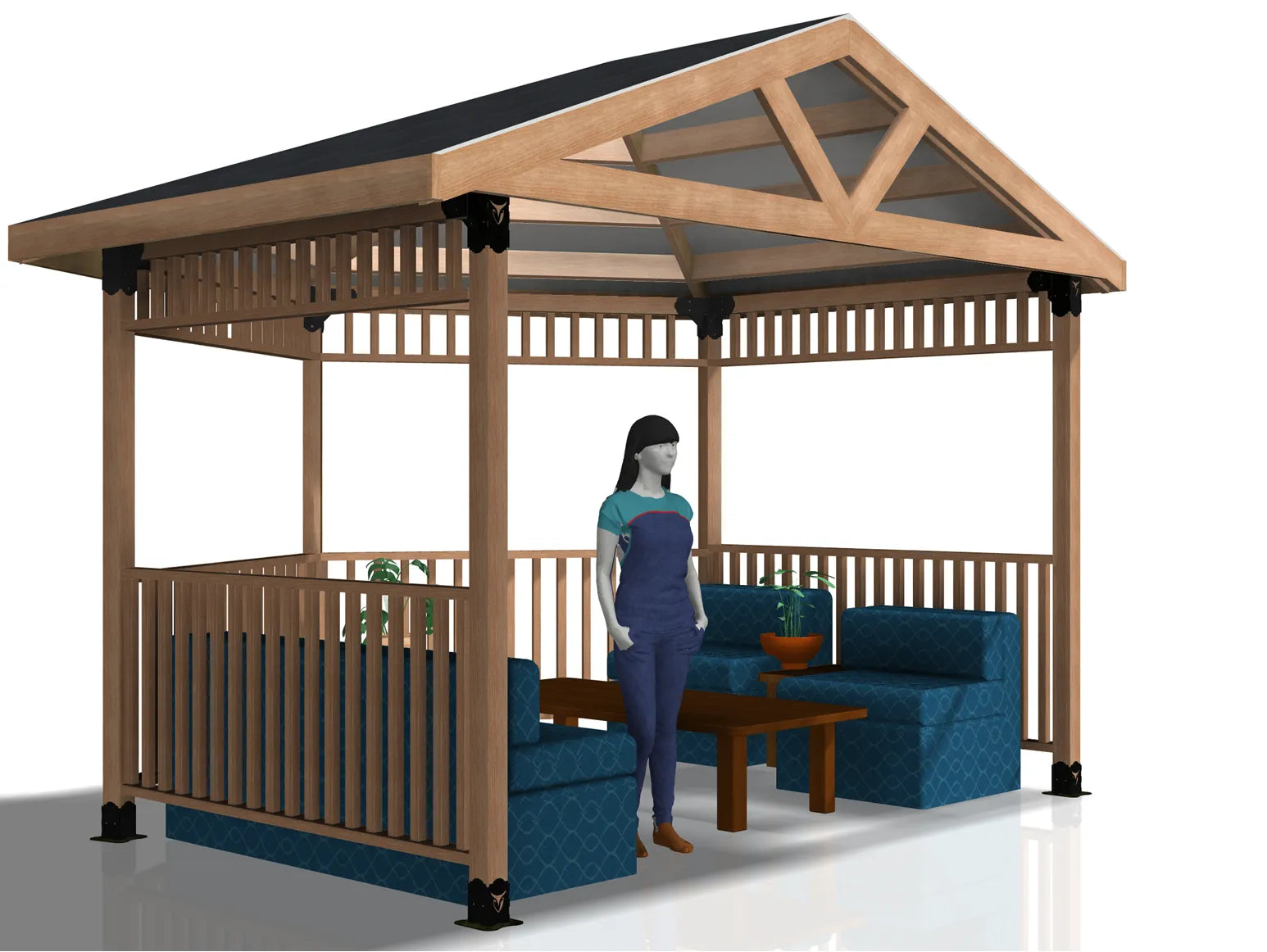 A modern wooden gazebo with an elegant sloped roof provides a cozy seating area. The gazebo is open on the sides, inviting relaxation in a sunny outdoor space.