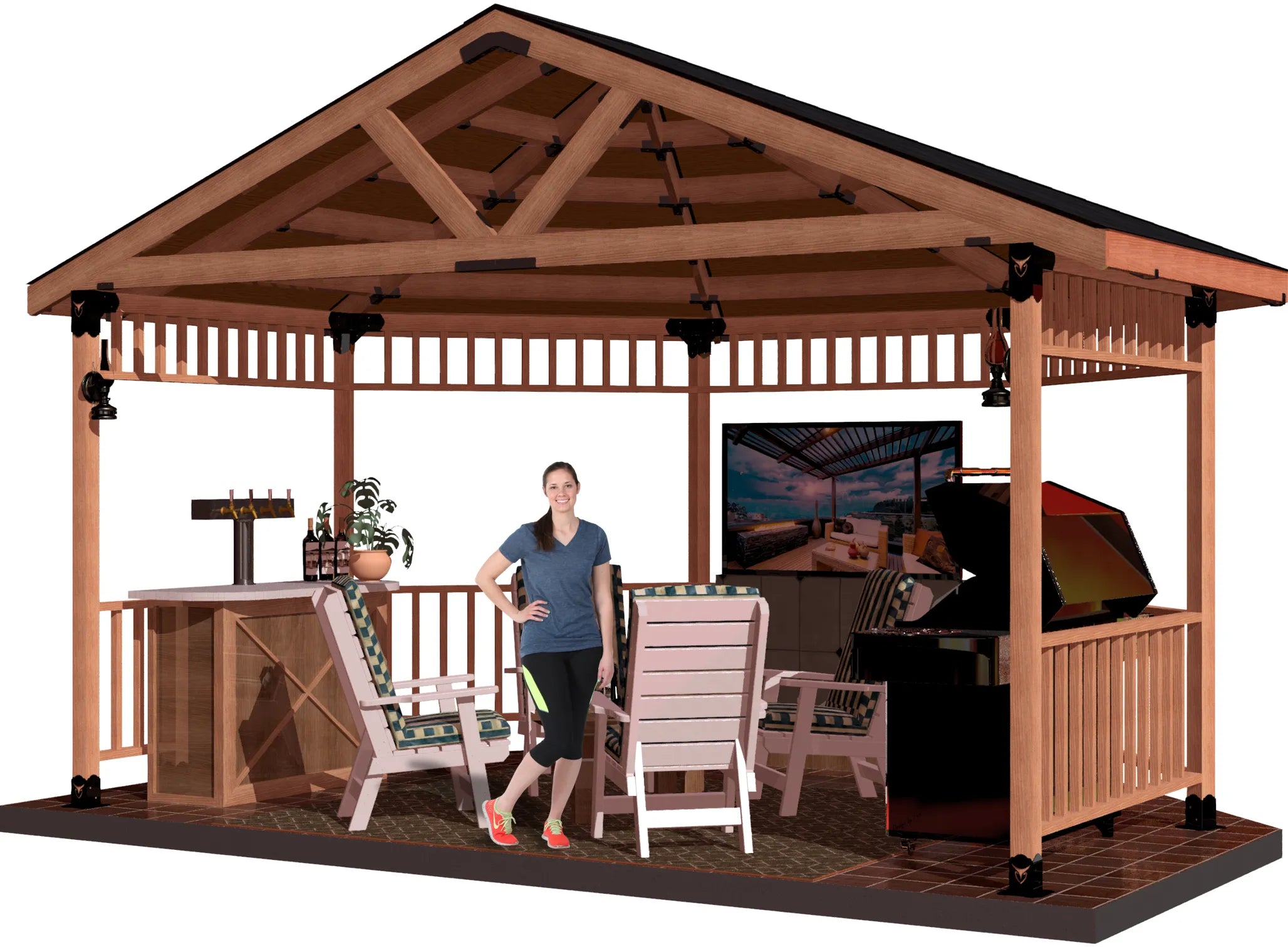 A woman stands in front of a 4x4 partial octagon gazebo, showcasing a charming outdoor setting.