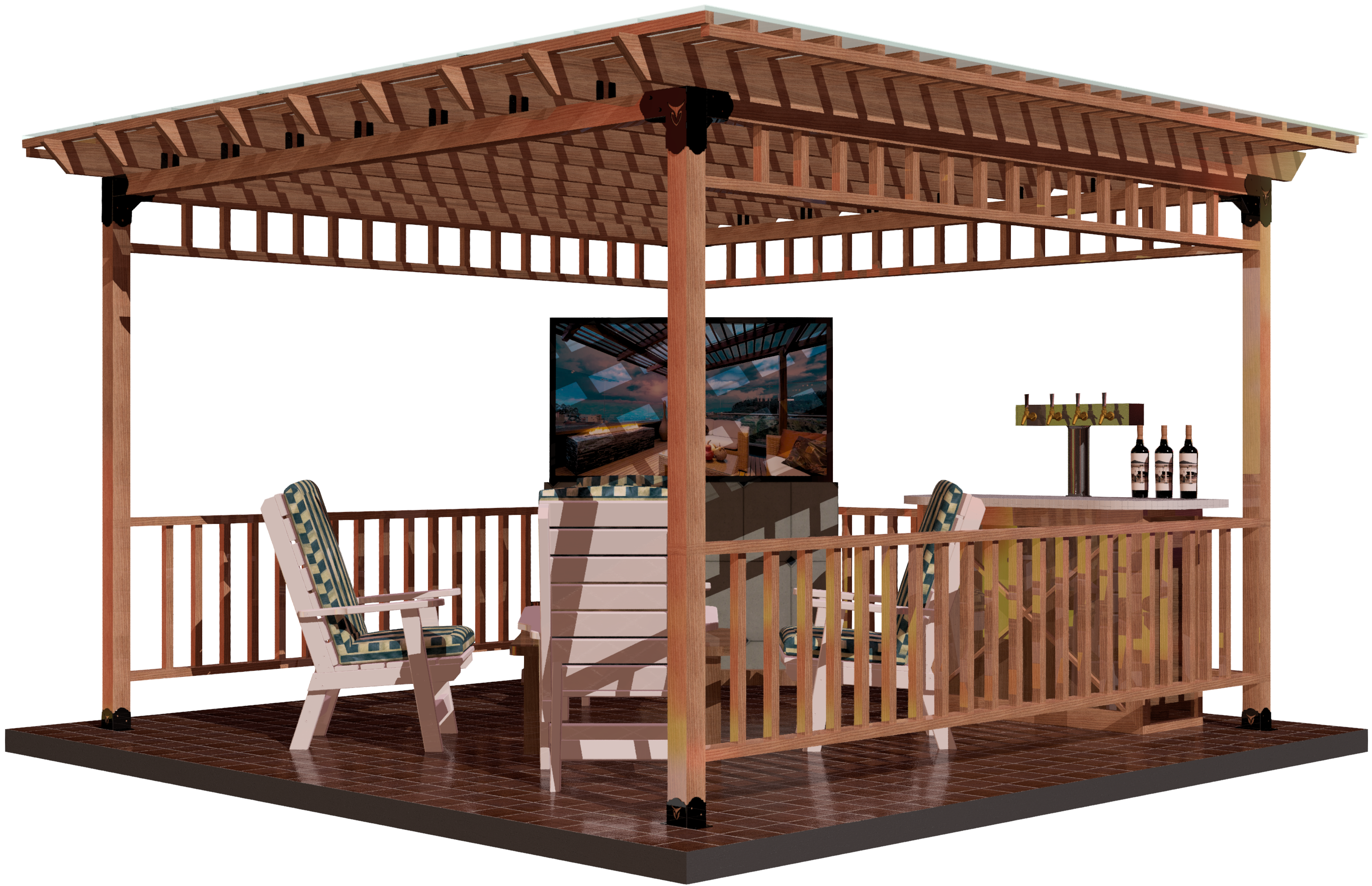 This wooden gazebo showcases a cozy seating area complete with chairs and a bar, perfect for outdoor gatherings. An entertainment screen enhances relaxation in the open space.