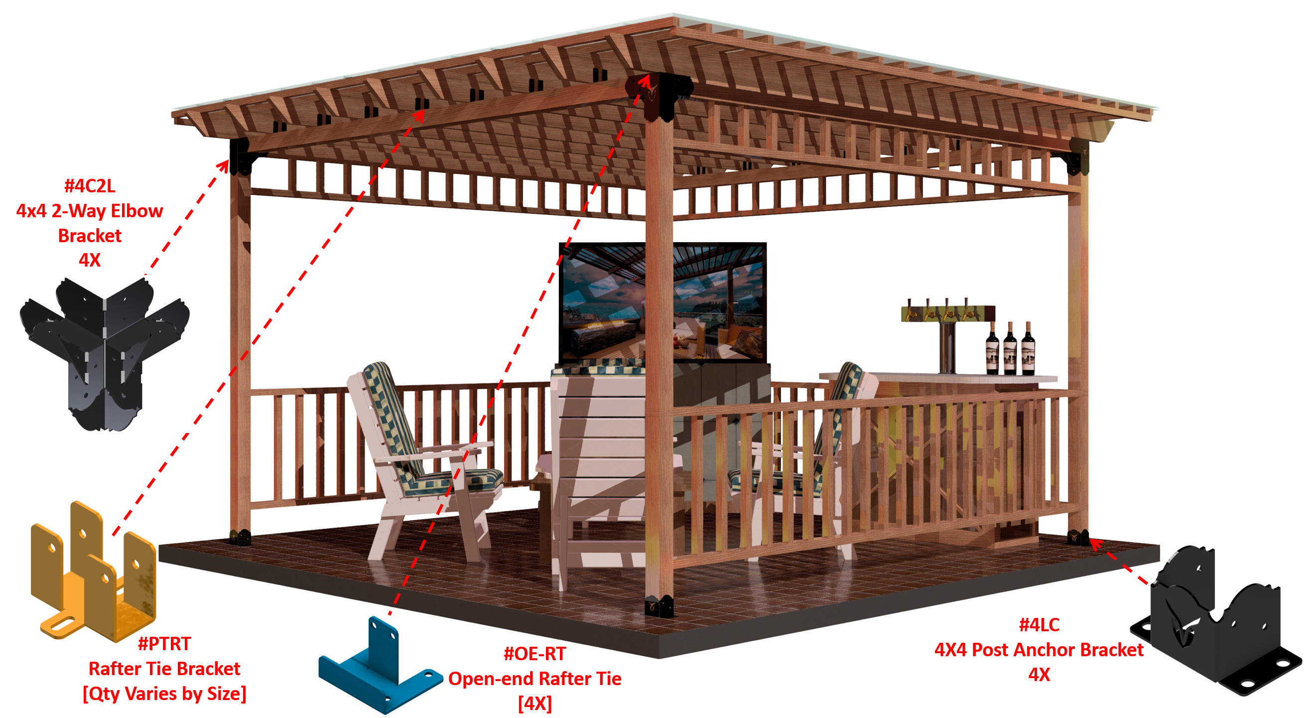 The structure features a wooden pergola with clear labeling for brackets and assembly parts, demonstrating how to build an outdoor retreat.