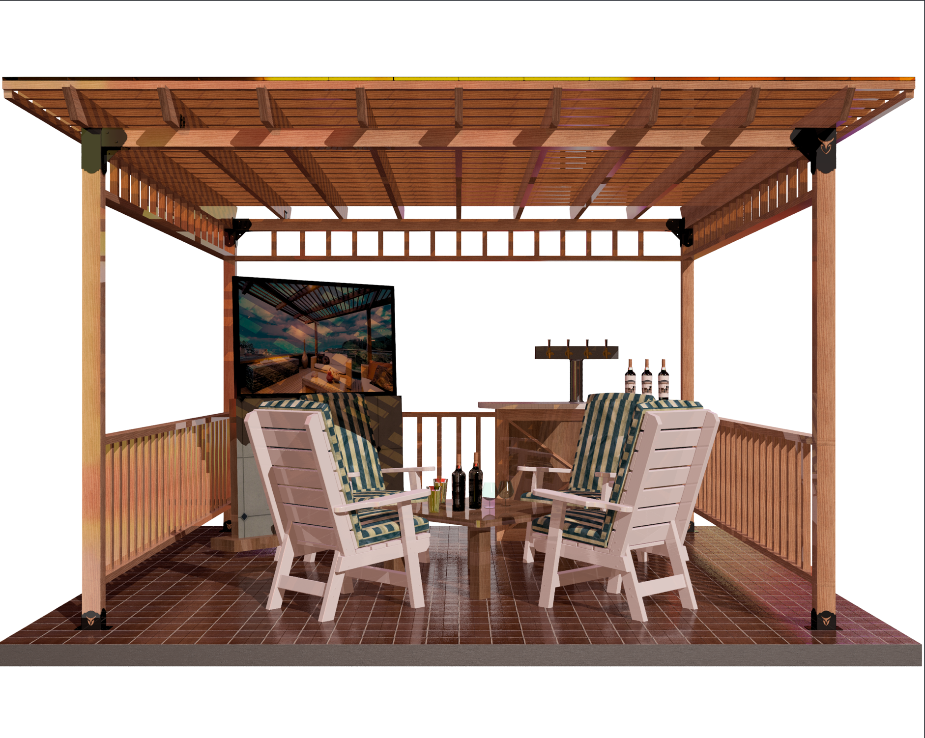 a comfortable wooden pergola with modern seating and wide screen TV for evening entertainment