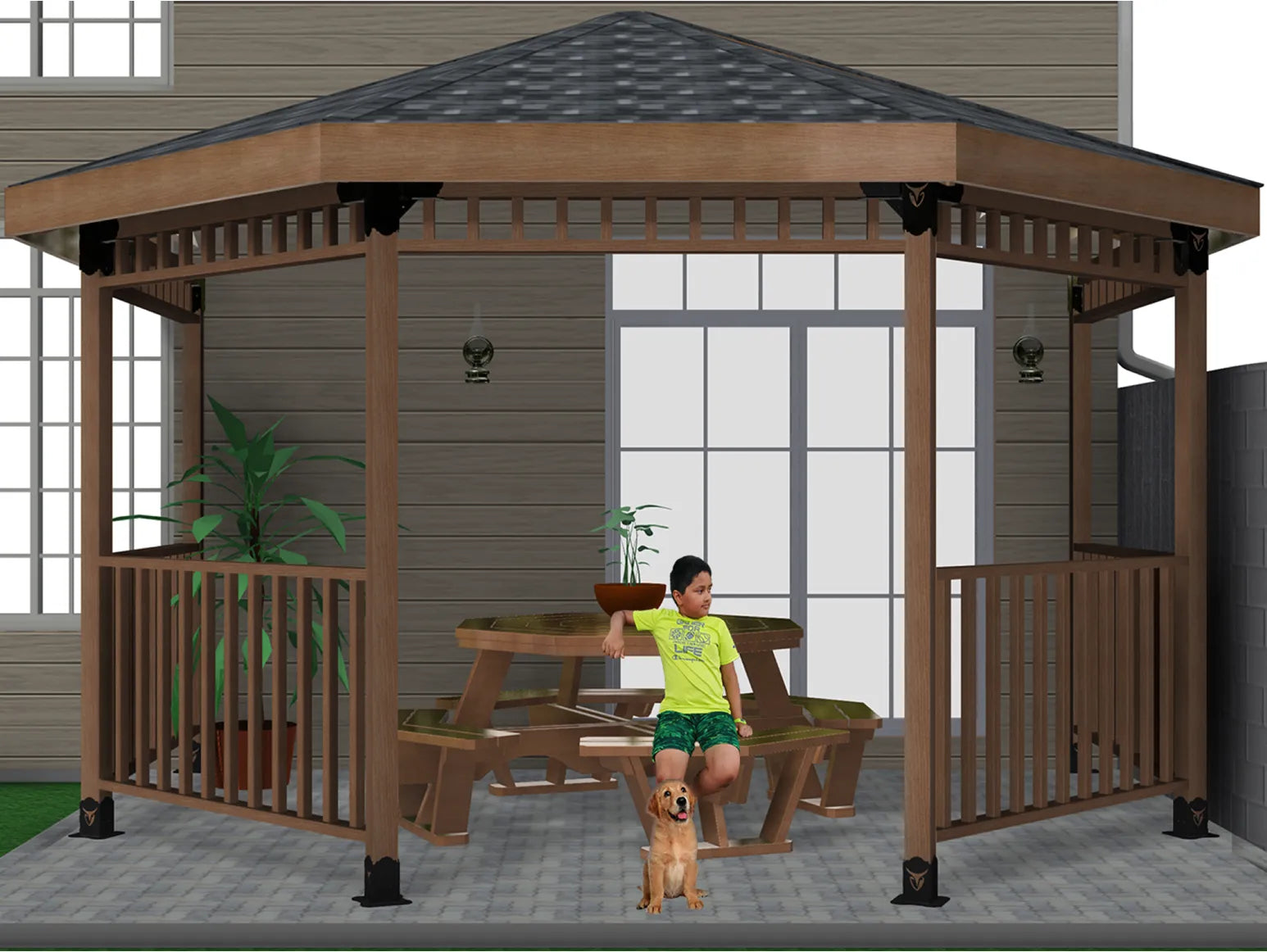 A boy sits at a table with his puppy staring up to the sky inside a wooden gazebo on a sunny afternoon.