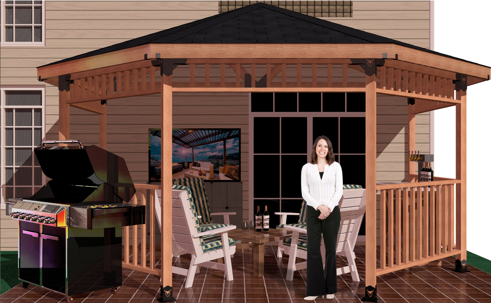 A woman stands in front of a gazebo, showcasing a tranquil setting with natural beauty and inviting architectural design