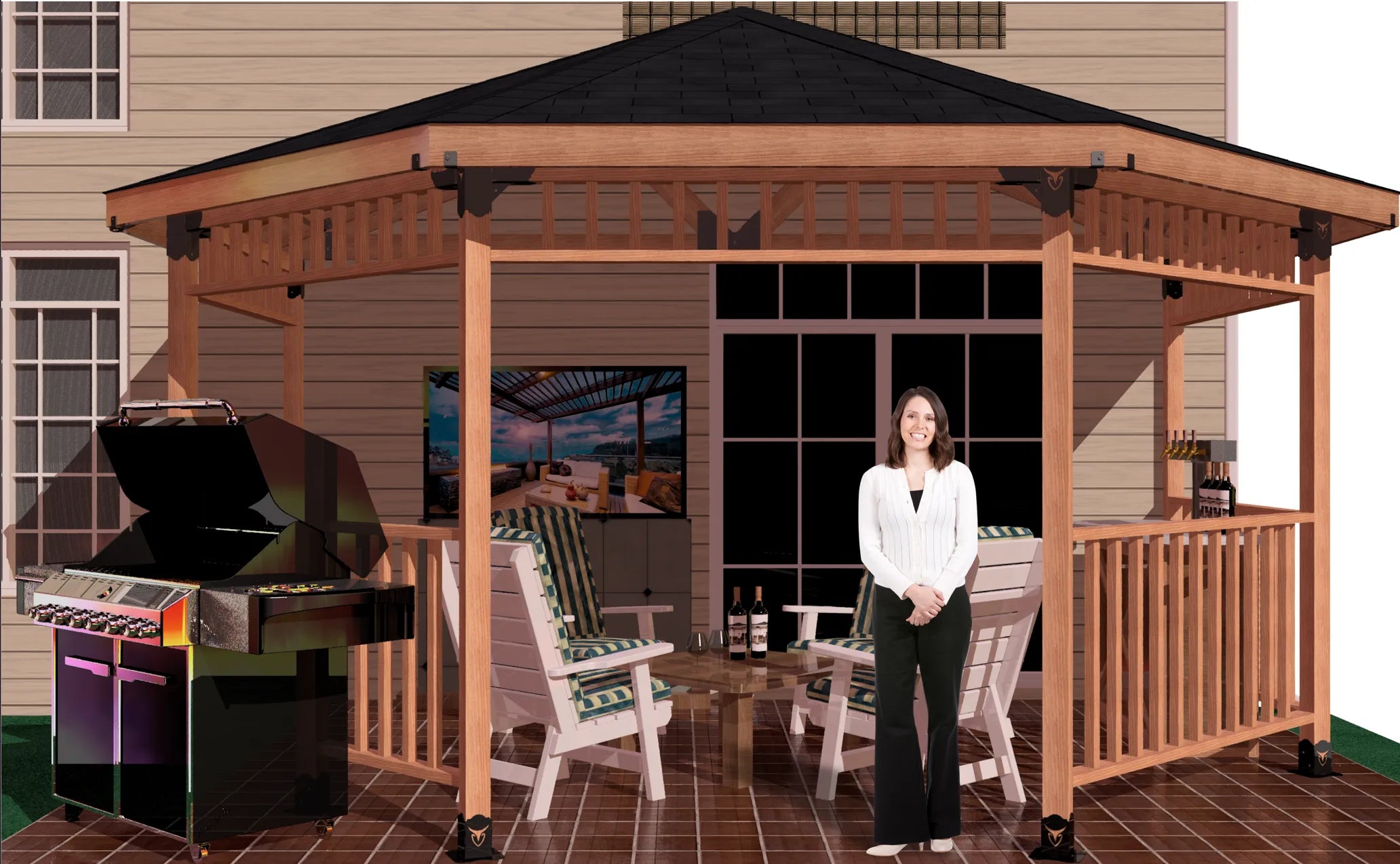 A woman stands in front of a 4x4 partial octagon gazebo, showcasing a charming outdoor setting.