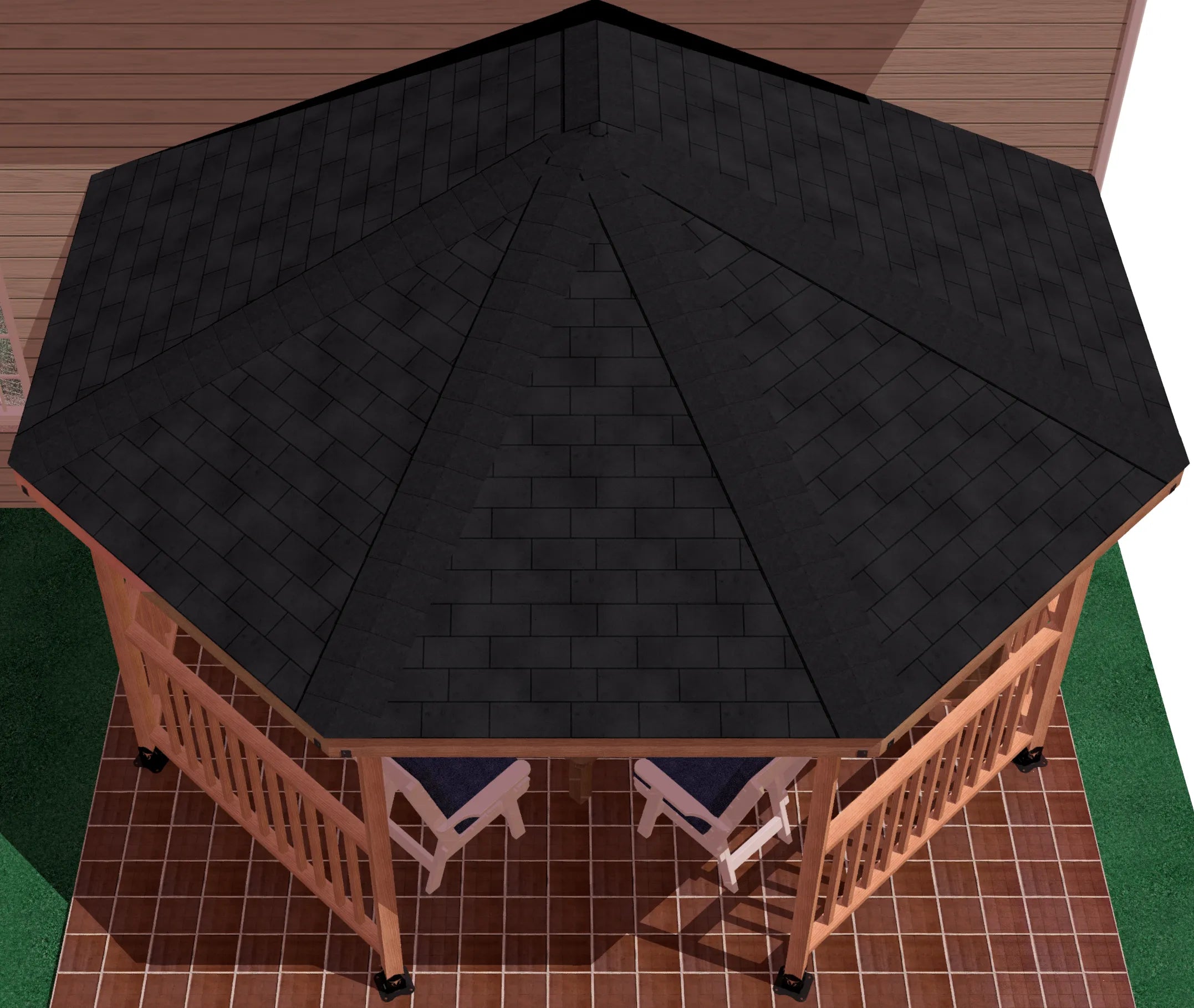 A 3D visualization of a gazebo with a stylish black roof, highlighting its architectural features in a serene outdoor setting.