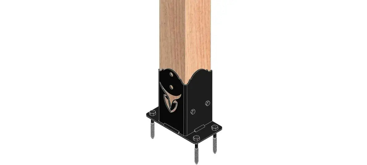  A close-up of a wooden post equipped with screws and a metal plate, highlighting its robust design and functionality.