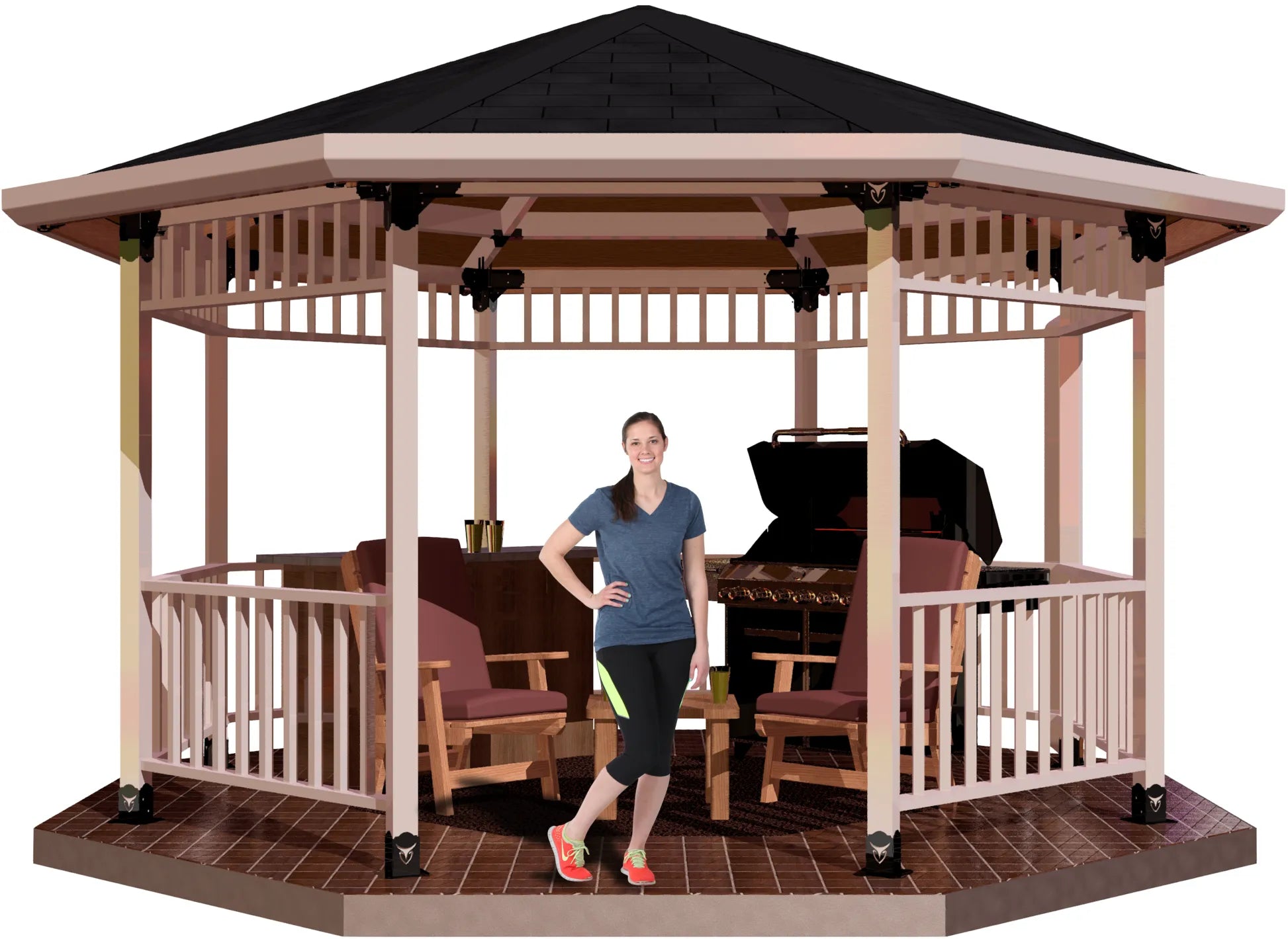 A woman smiles while standing in a beautifully designed gazebo. The structure includes cozy seating and a barbecue grill, ideal for outdoor gatherings and relaxation.