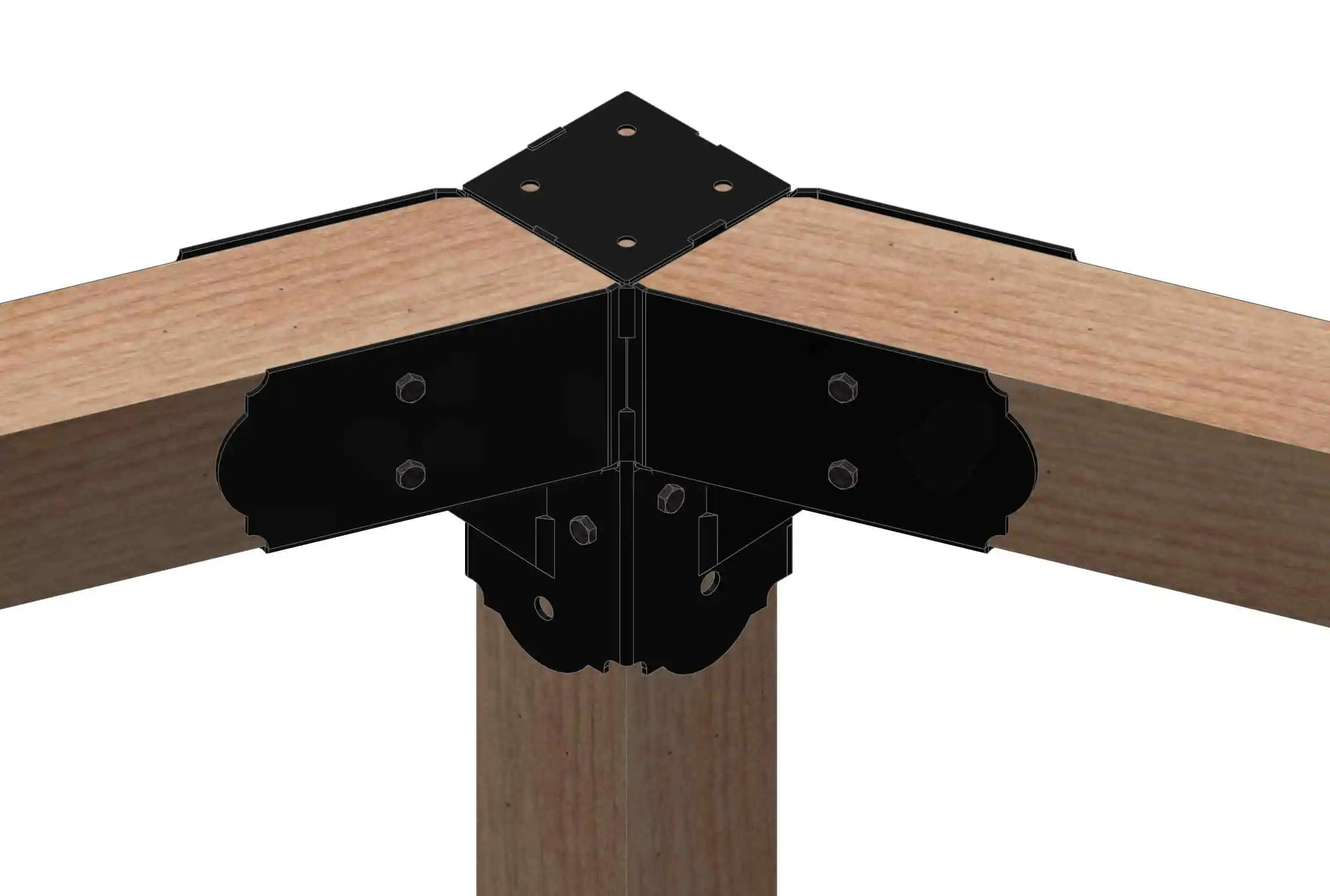 a close up of a wooden post with a hexagon elbow bracket